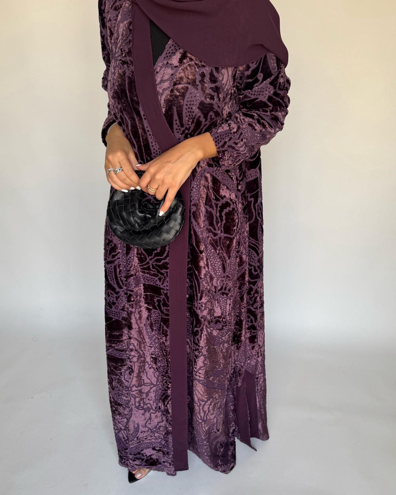 A480 - Purple Pattern Velvet Abaya