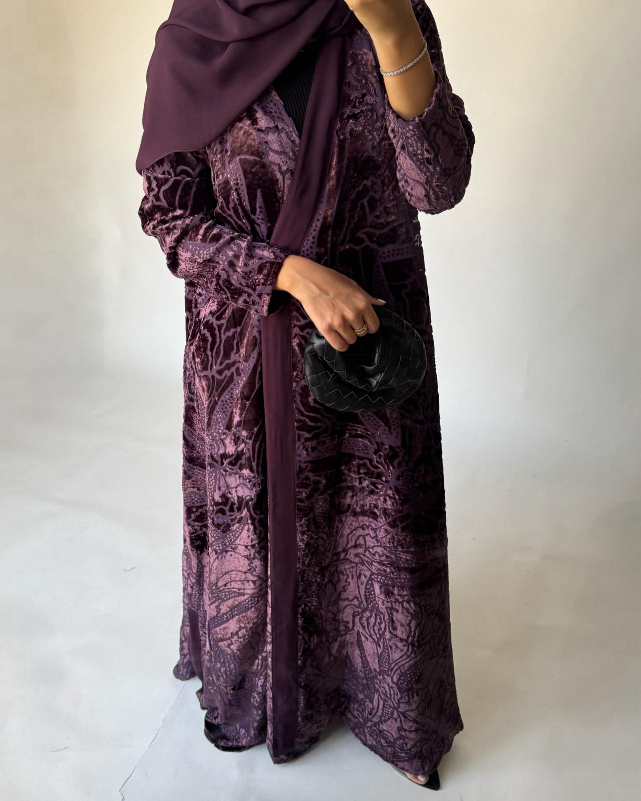 A480 - Purple Pattern Velvet Abaya