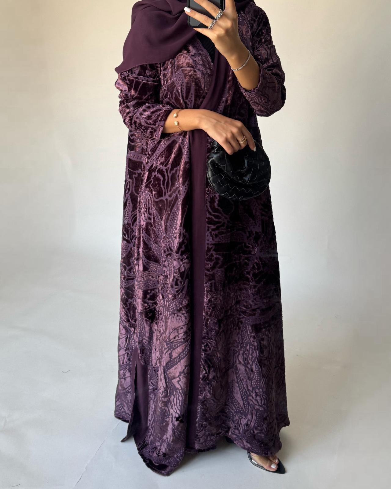 A480 - Purple Pattern Velvet Abaya