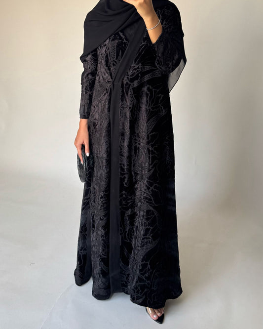 A483 - Black Pattern Velvet Abaya