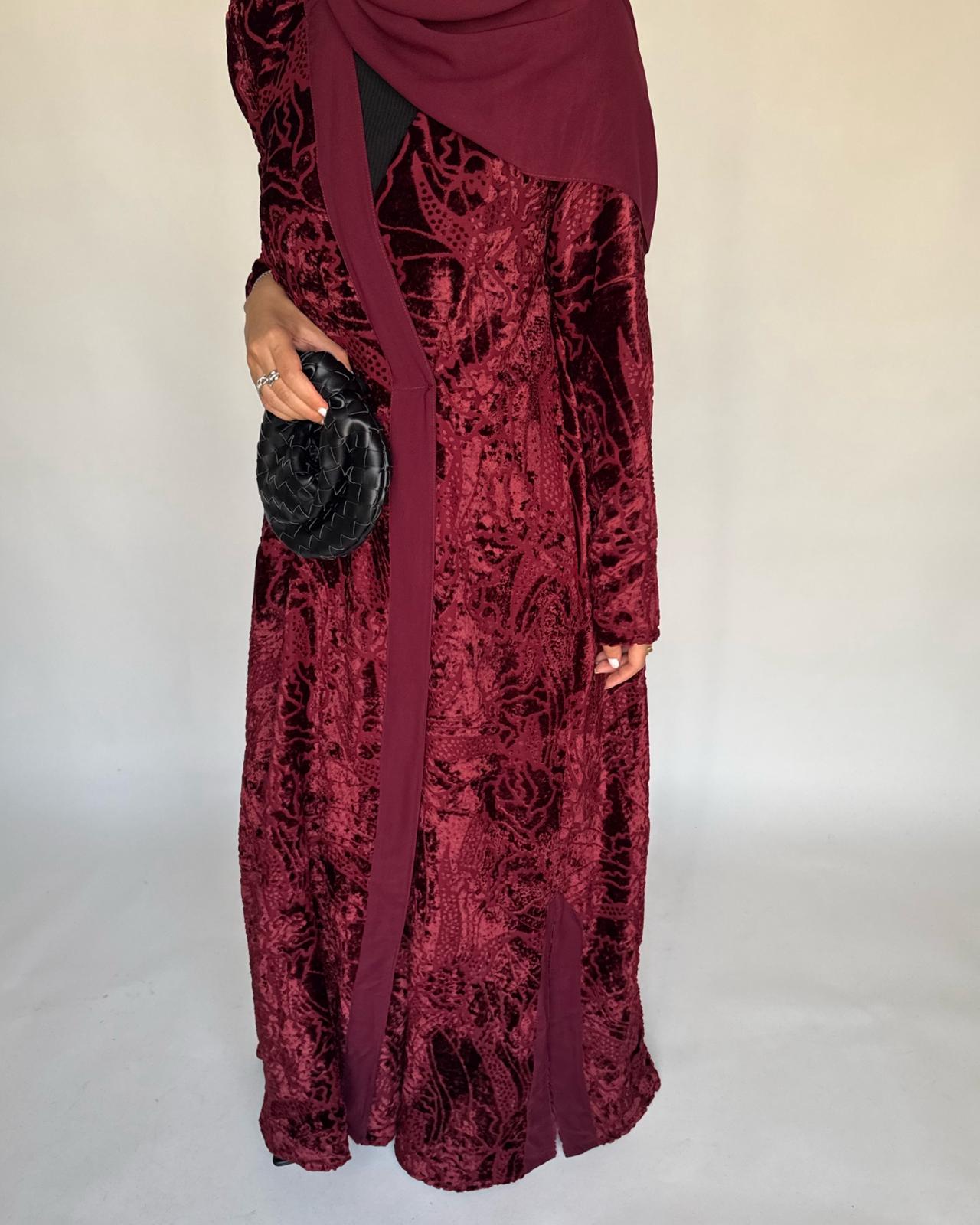 A481 - Maroon Pattern Velvet Abaya