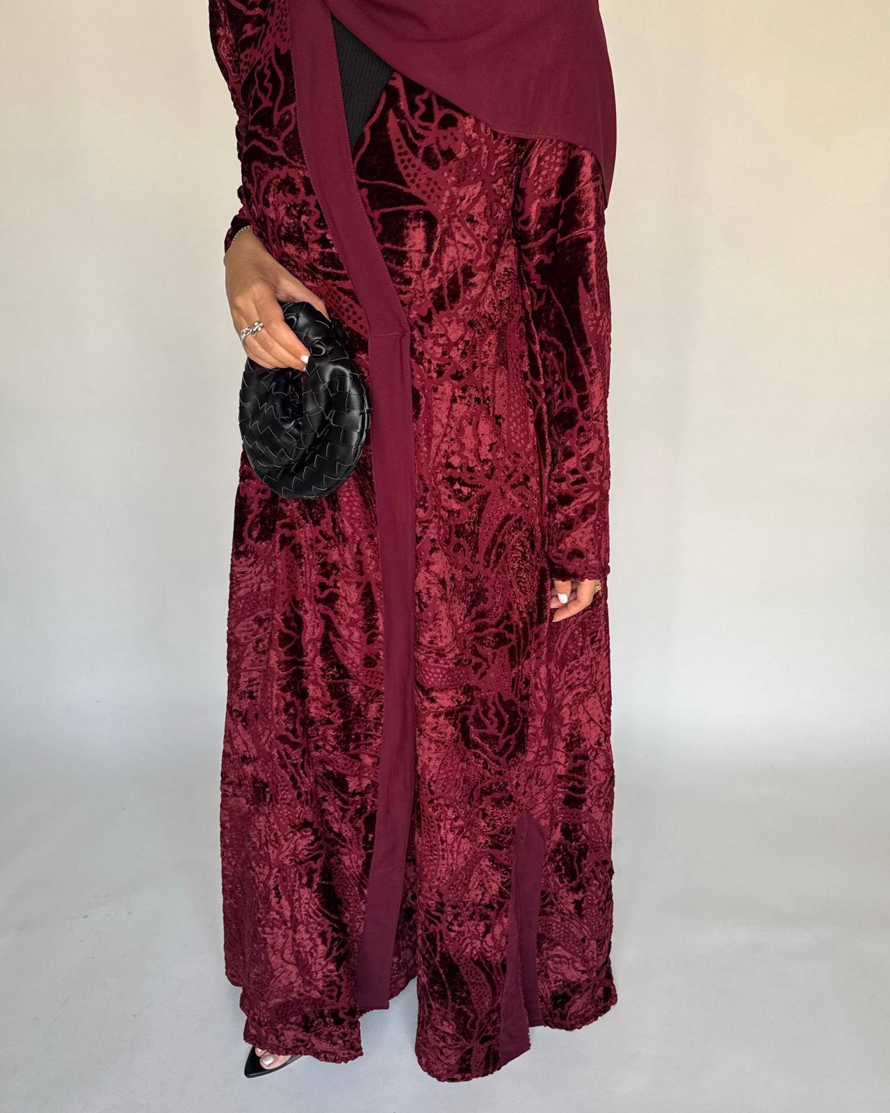 A481 - Maroon Pattern Velvet Abaya