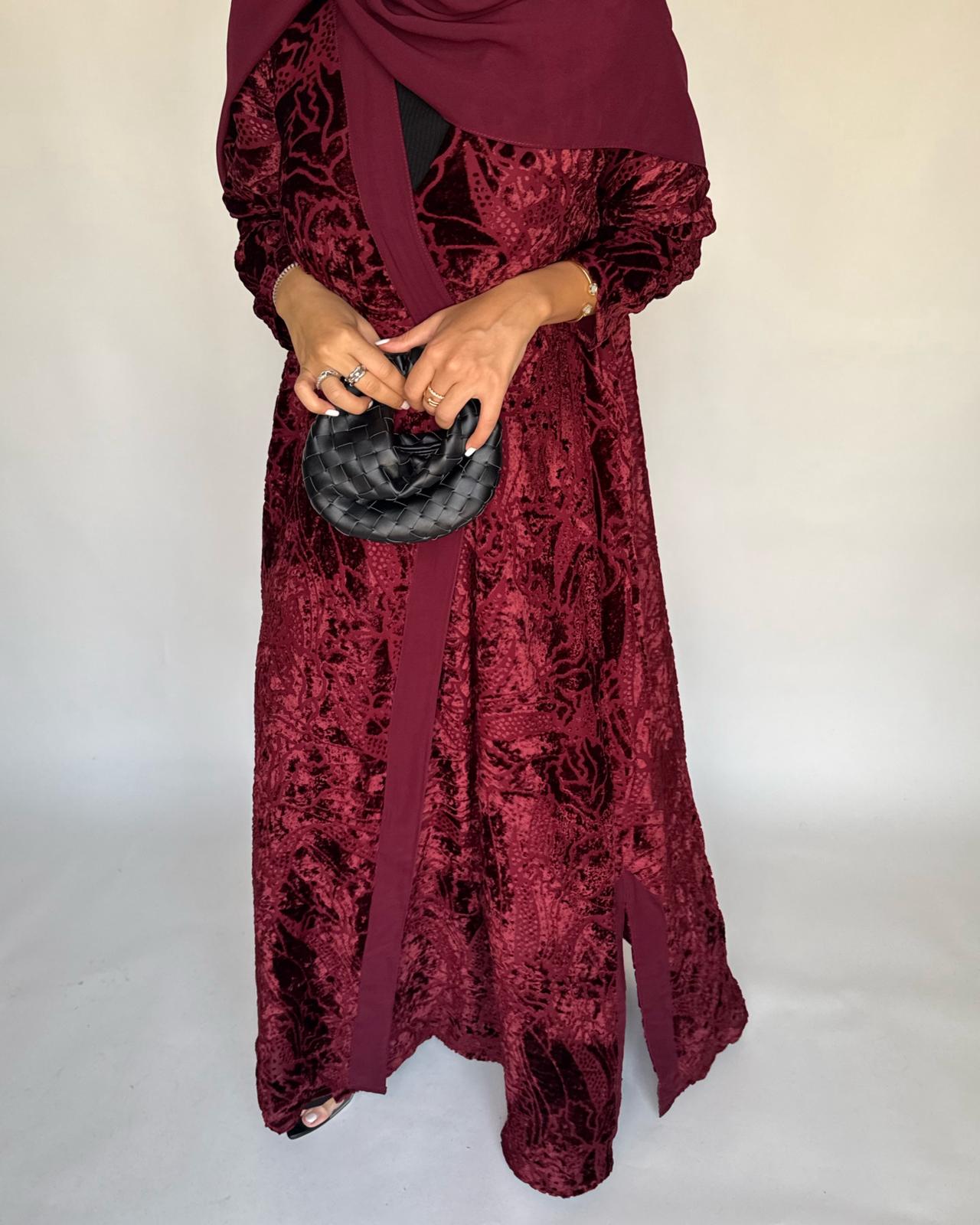 A481 - Maroon Pattern Velvet Abaya