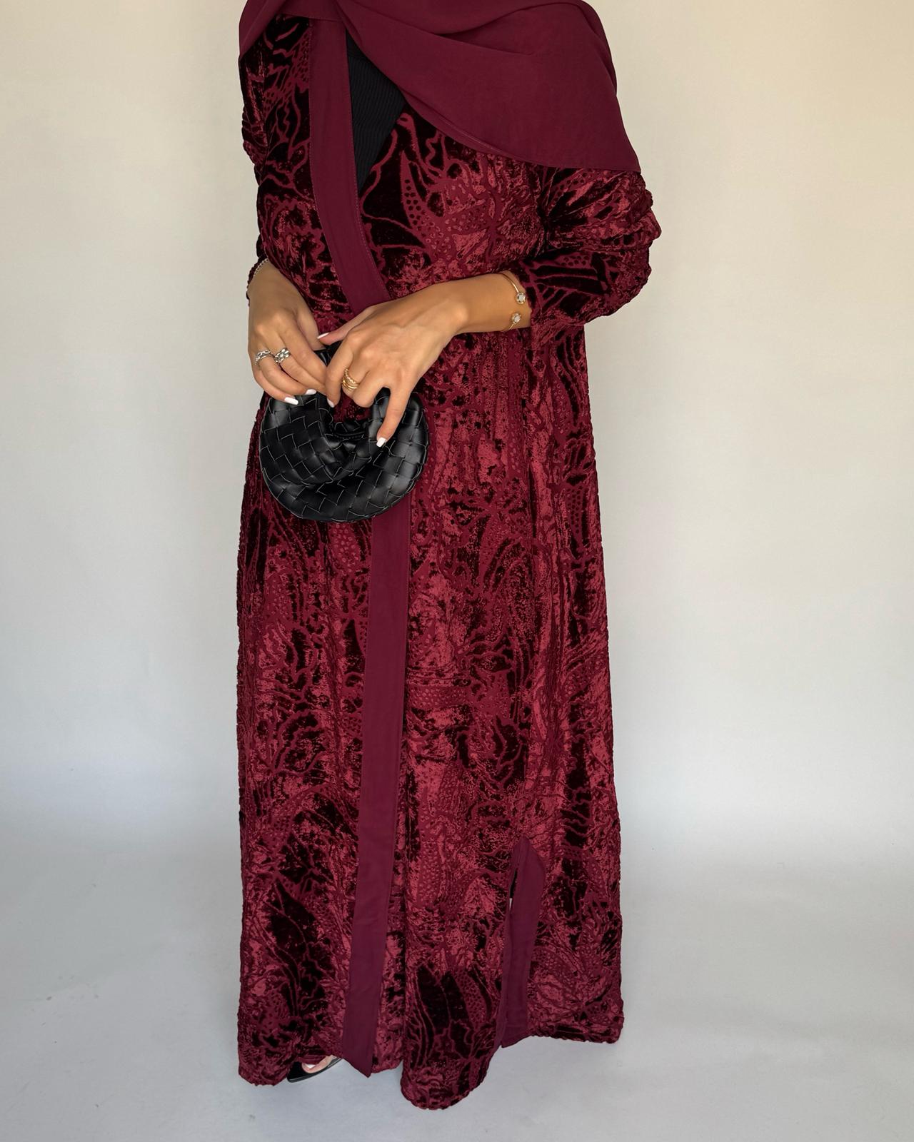 A481 - Maroon Pattern Velvet Abaya