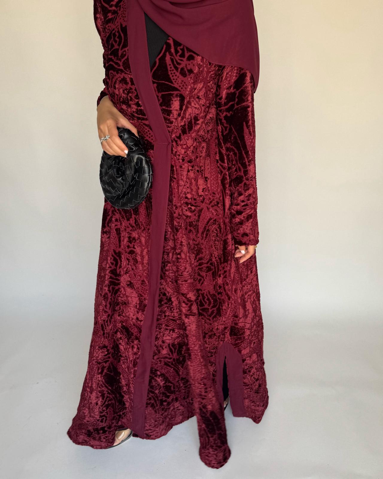 A481 - Maroon Pattern Velvet Abaya