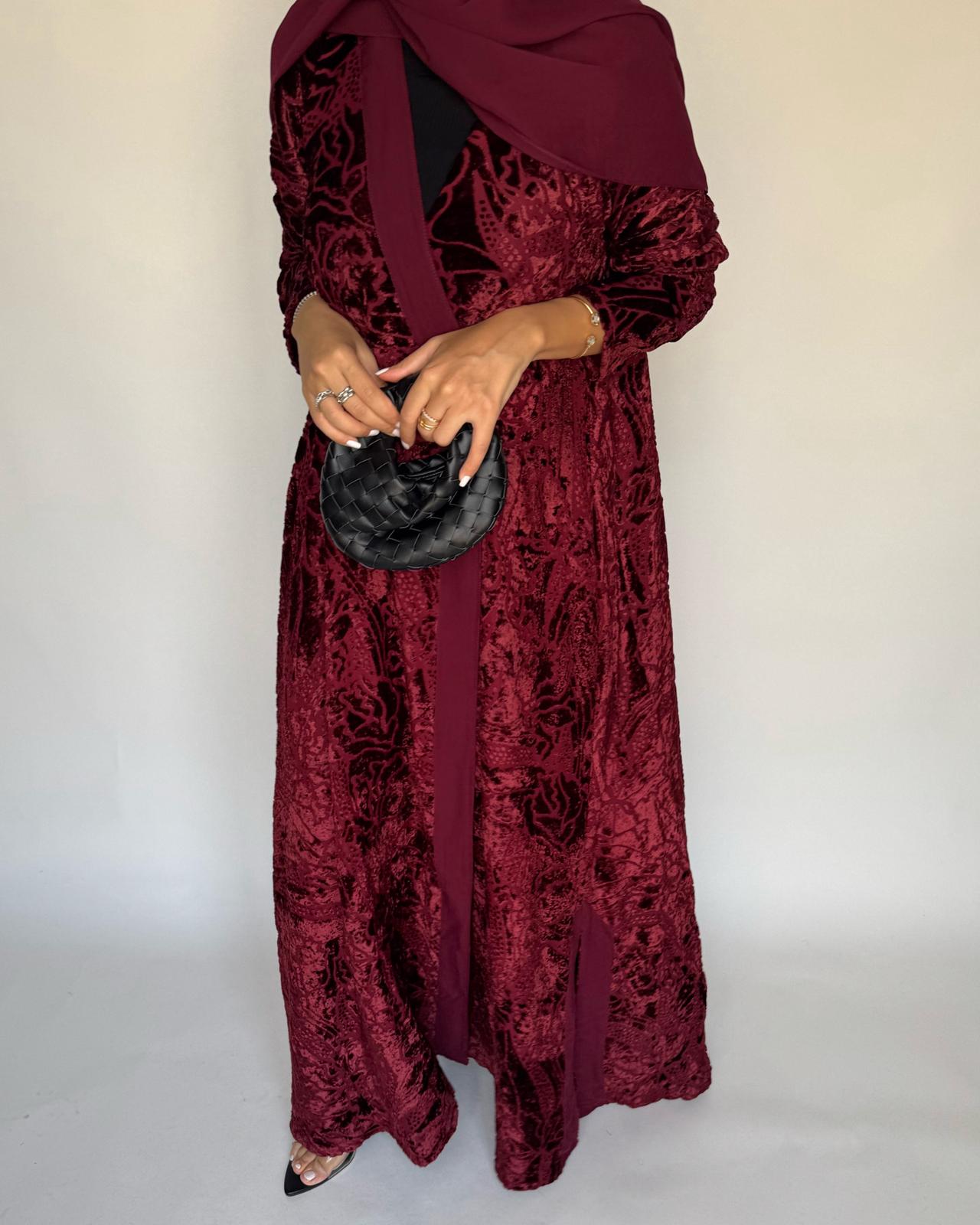 A481 - Maroon Pattern Velvet Abaya