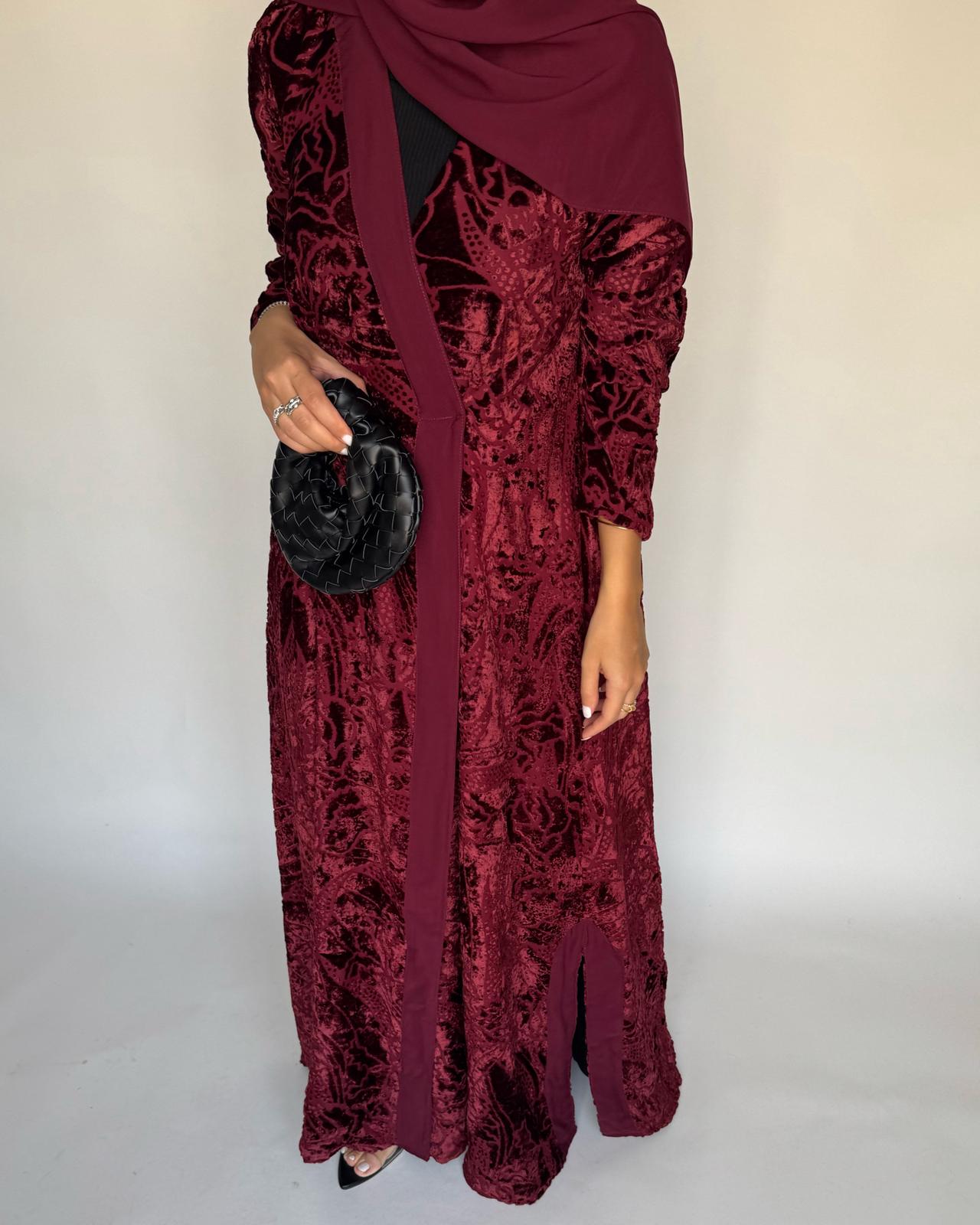 A481 - Maroon Pattern Velvet Abaya