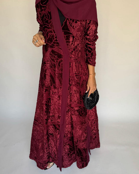 A481 - Maroon Pattern Velvet Abaya