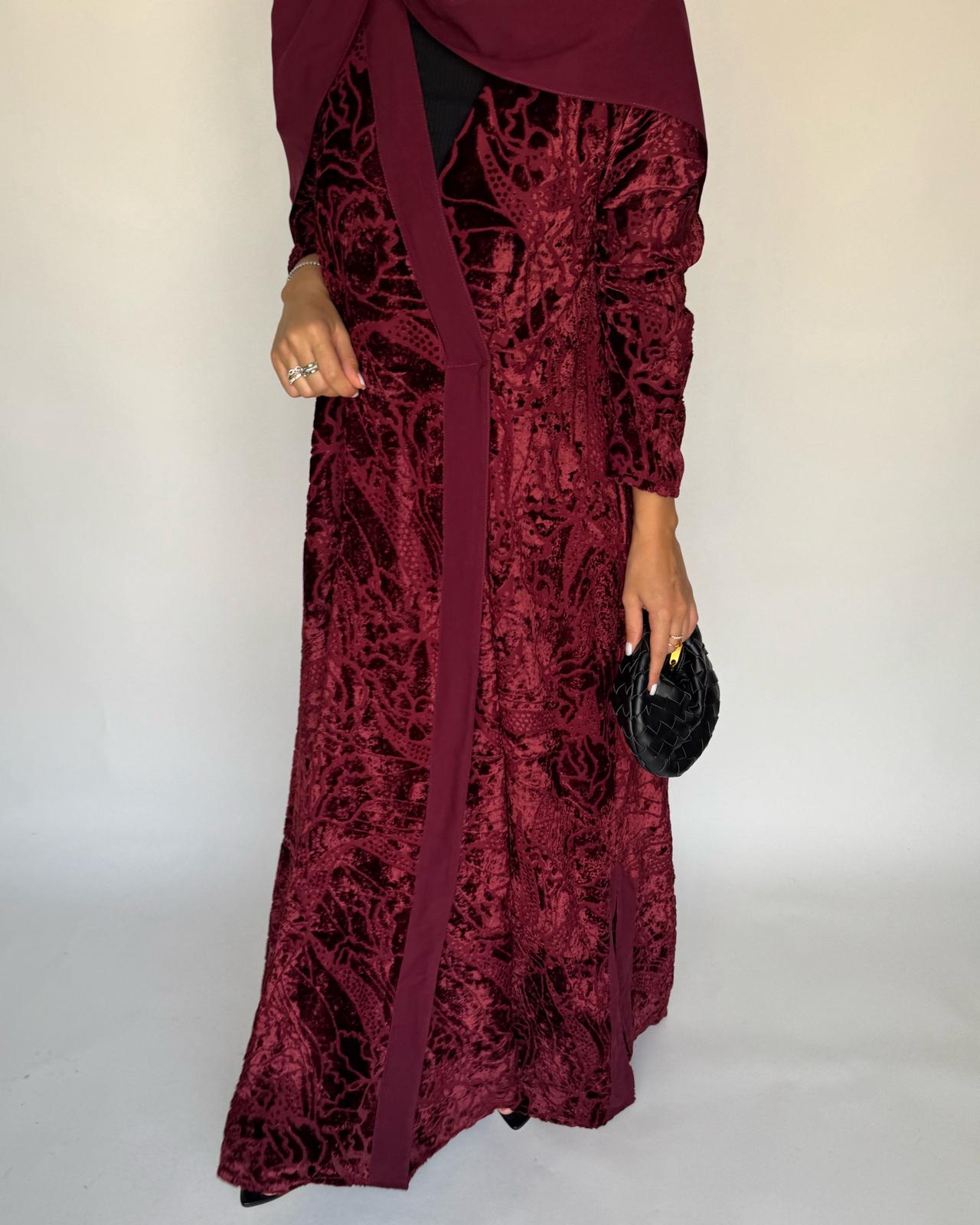 A481 - Maroon Pattern Velvet Abaya