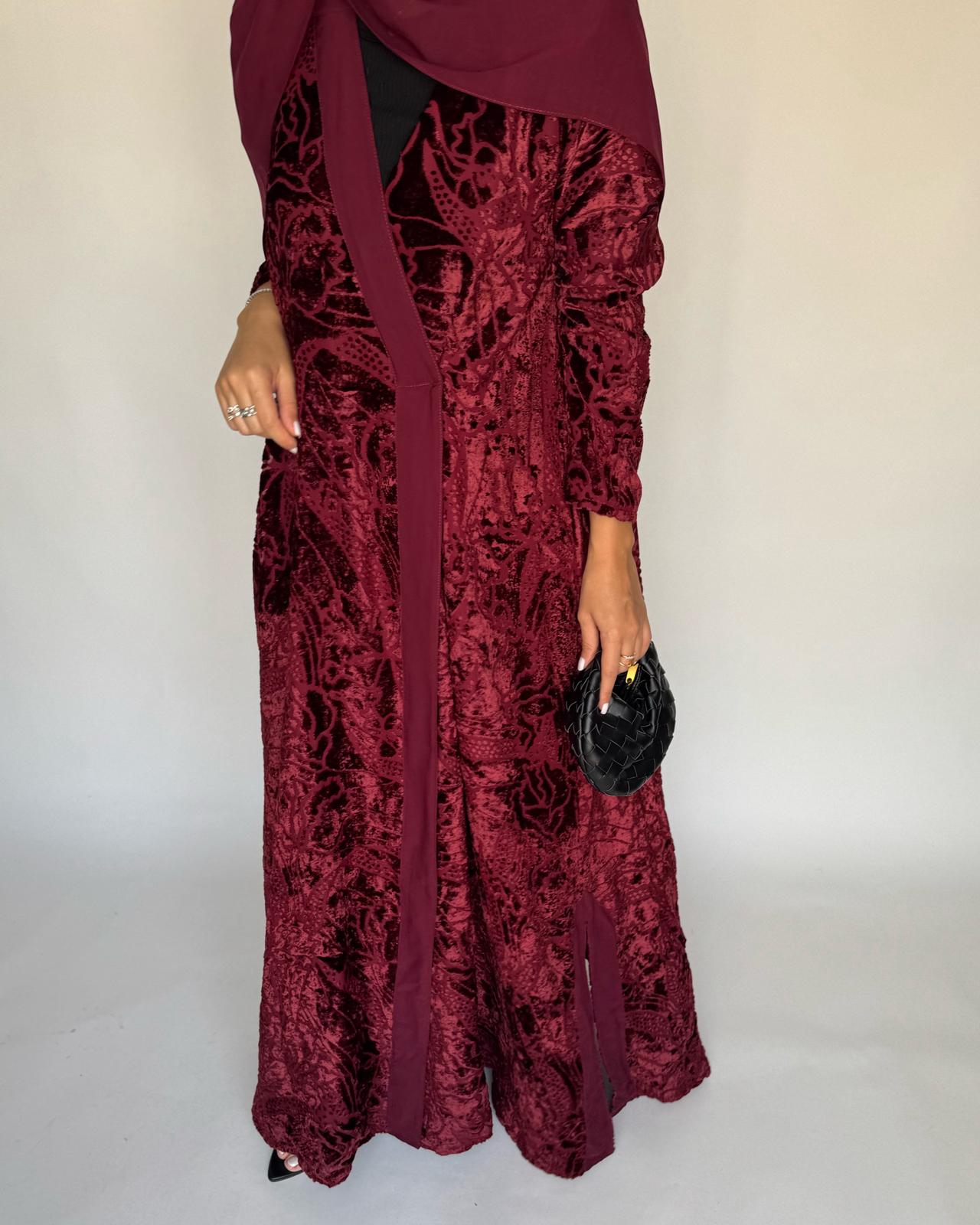 A481 - Maroon Pattern Velvet Abaya