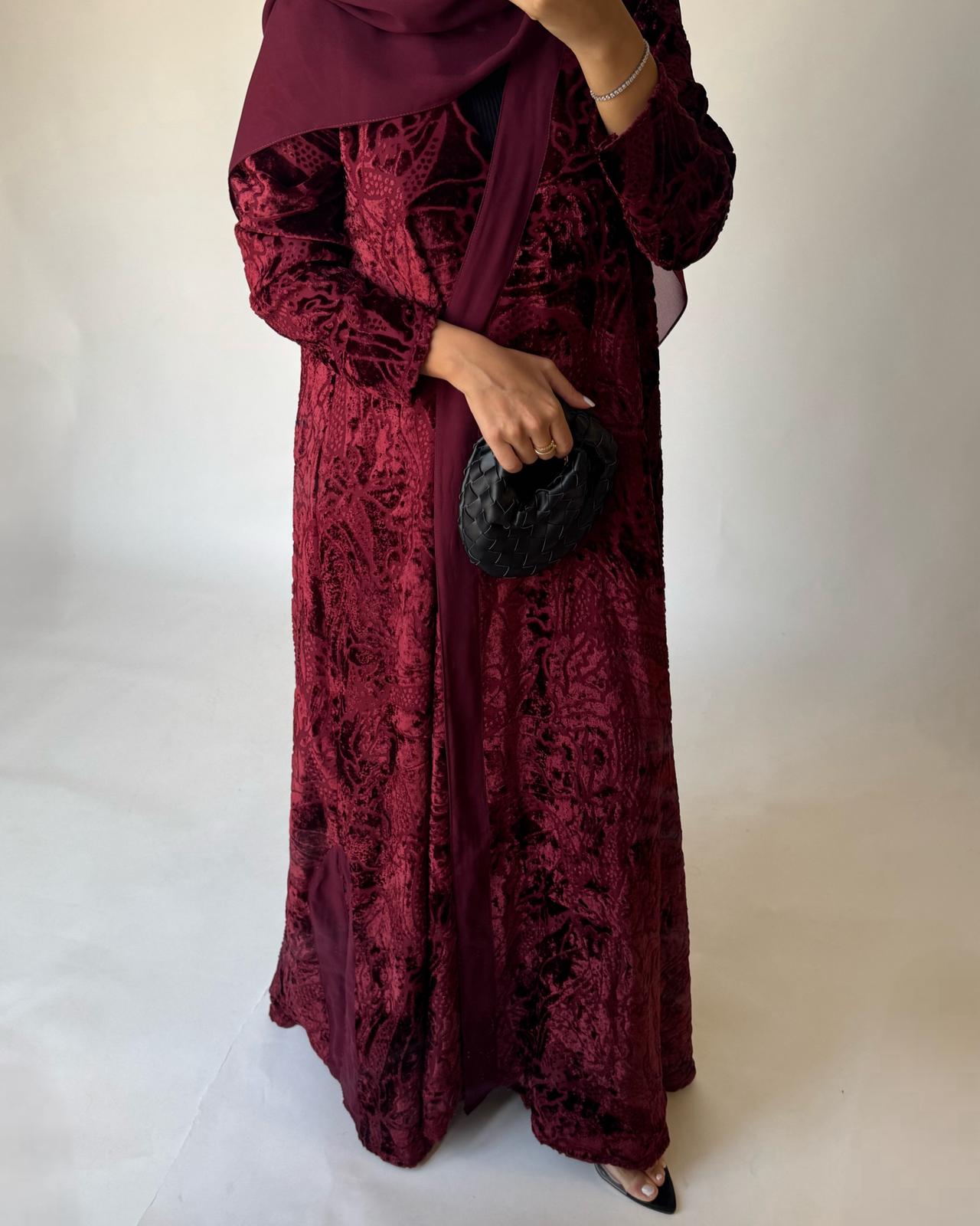 A481 - Maroon Pattern Velvet Abaya