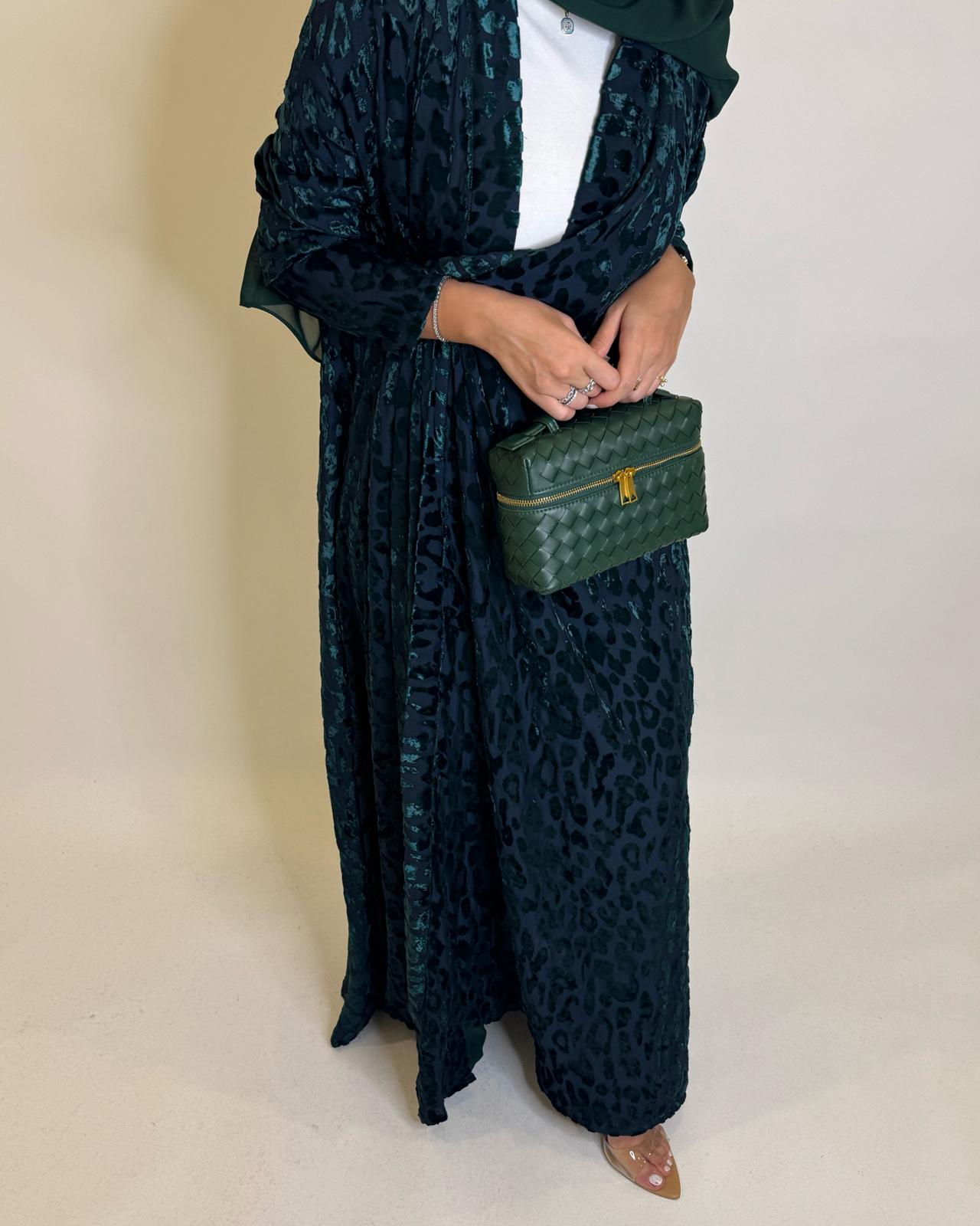 A489 - Navy Blue & Green Leopard Pattern Velvet Abaya