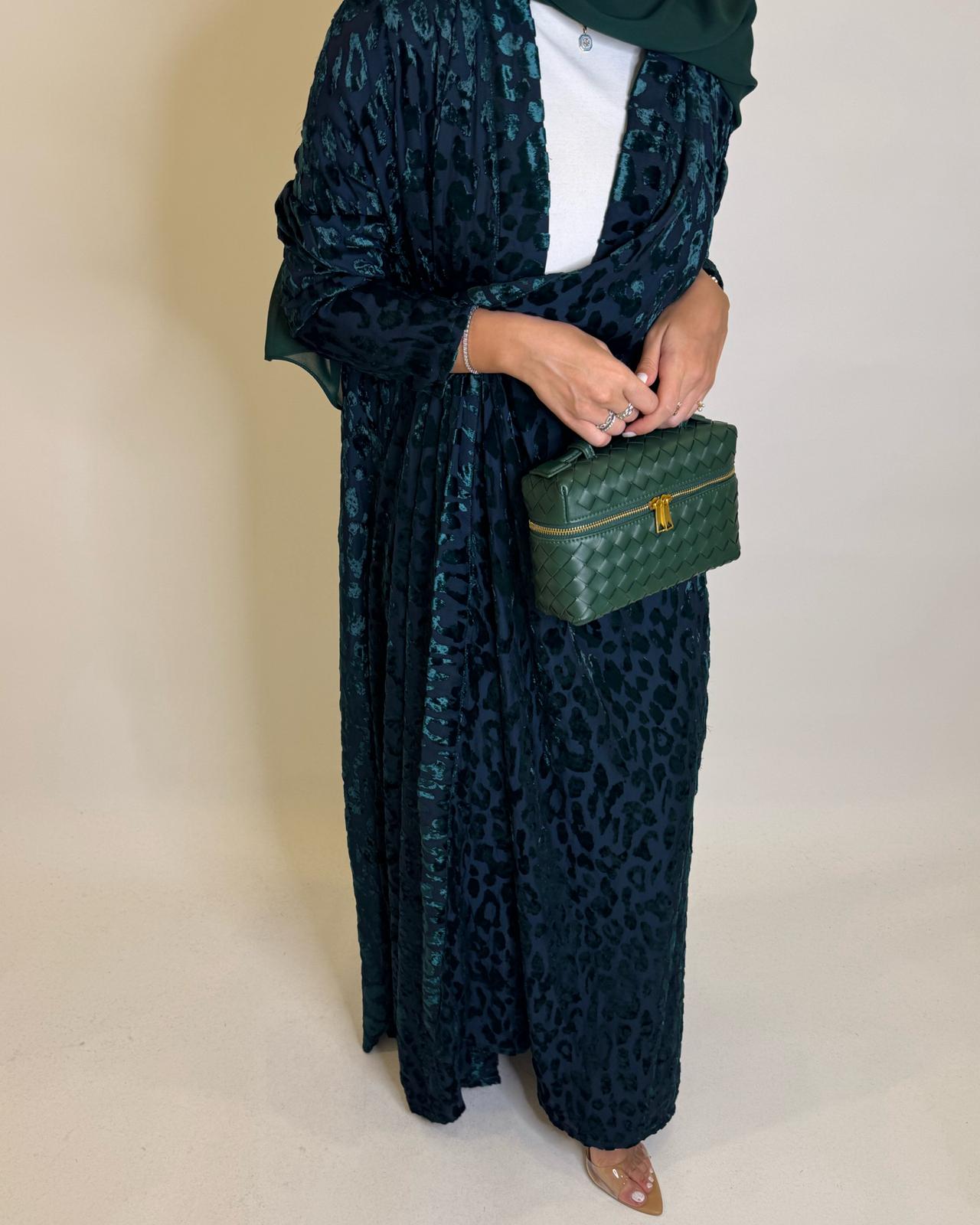 A489 - Navy Blue & Green Leopard Pattern Velvet Abaya