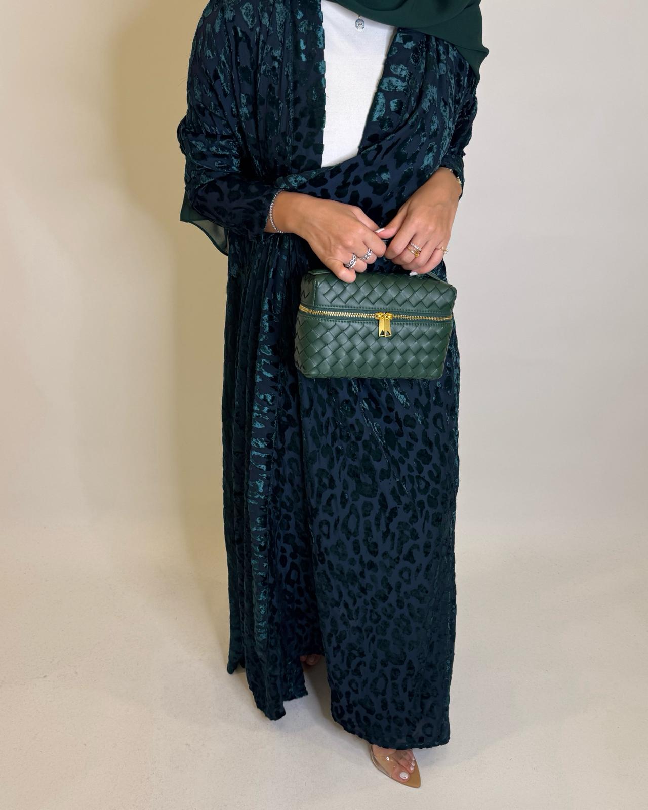 A489 - Navy Blue & Green Leopard Pattern Velvet Abaya