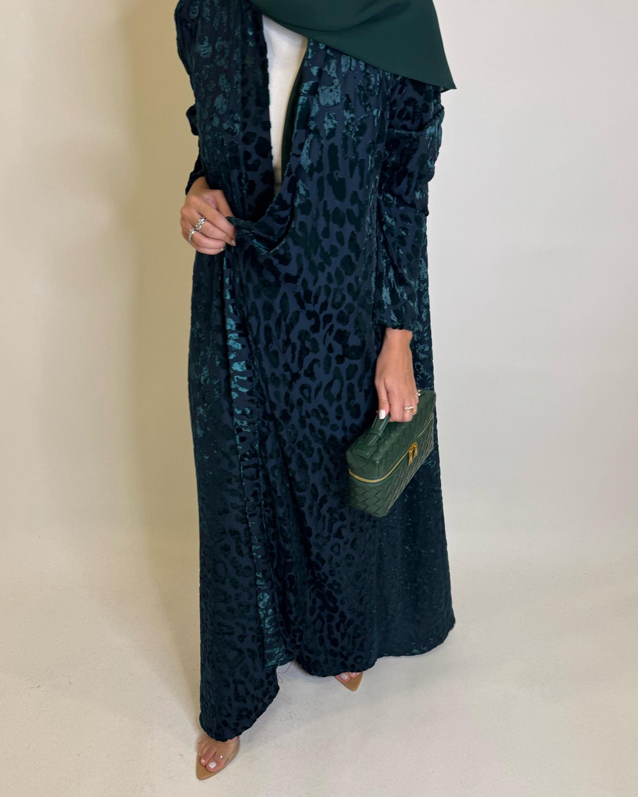 A489 - Navy Blue & Green Leopard Pattern Velvet Abaya