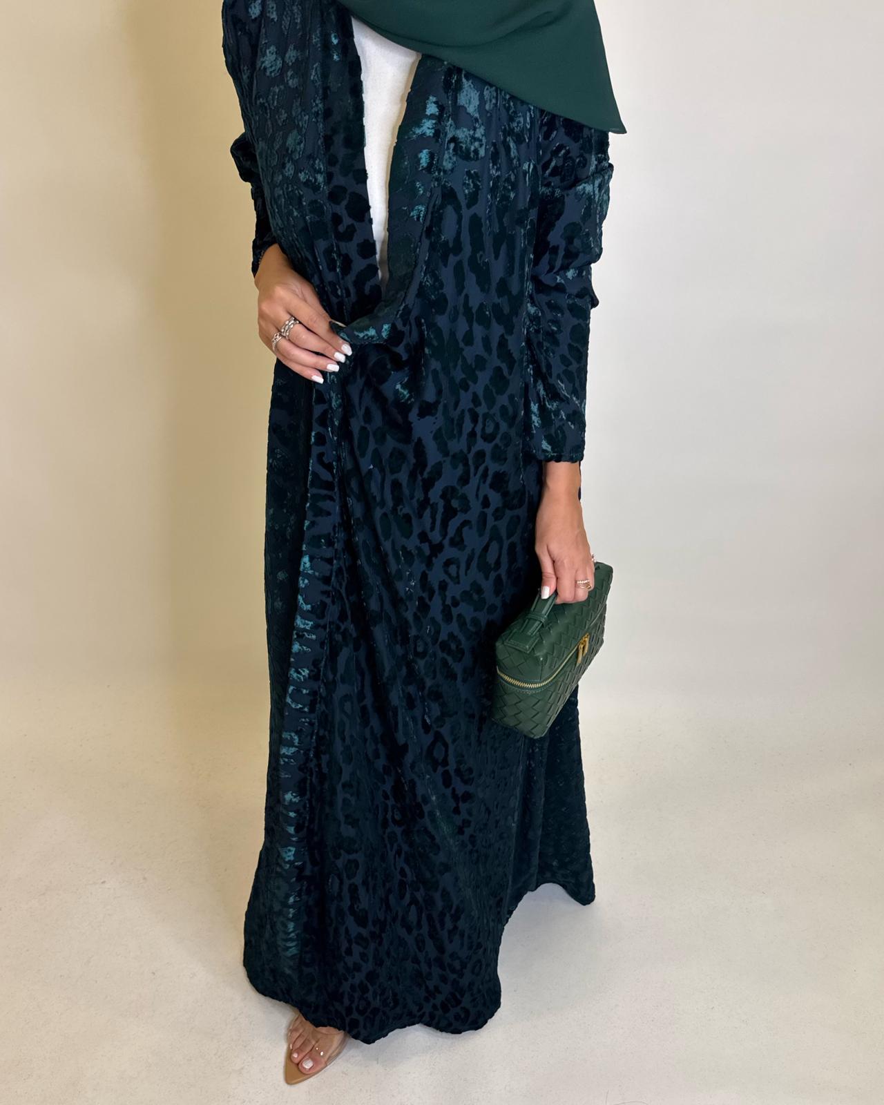 A489 - Navy Blue & Green Leopard Pattern Velvet Abaya
