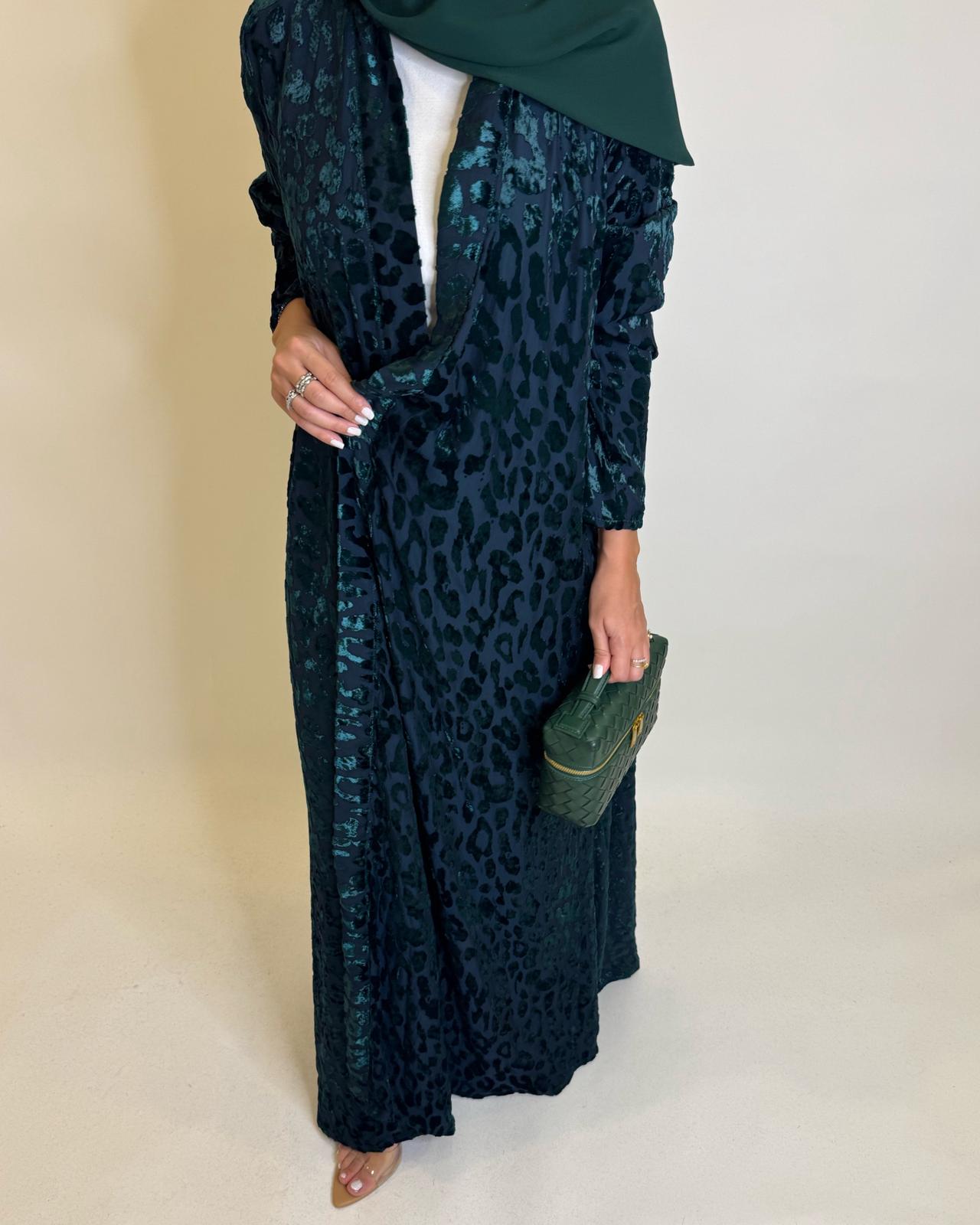 A489 - Navy Blue & Green Leopard Pattern Velvet Abaya