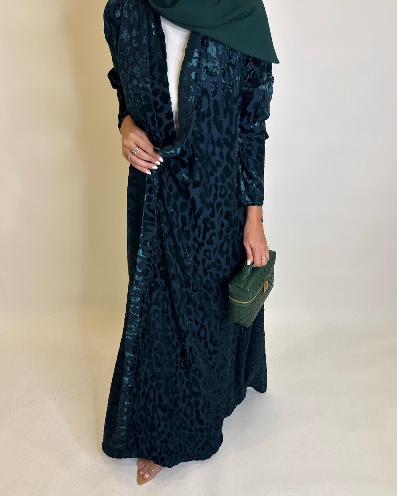 A489 - Navy Blue & Green Leopard Pattern Velvet Abaya