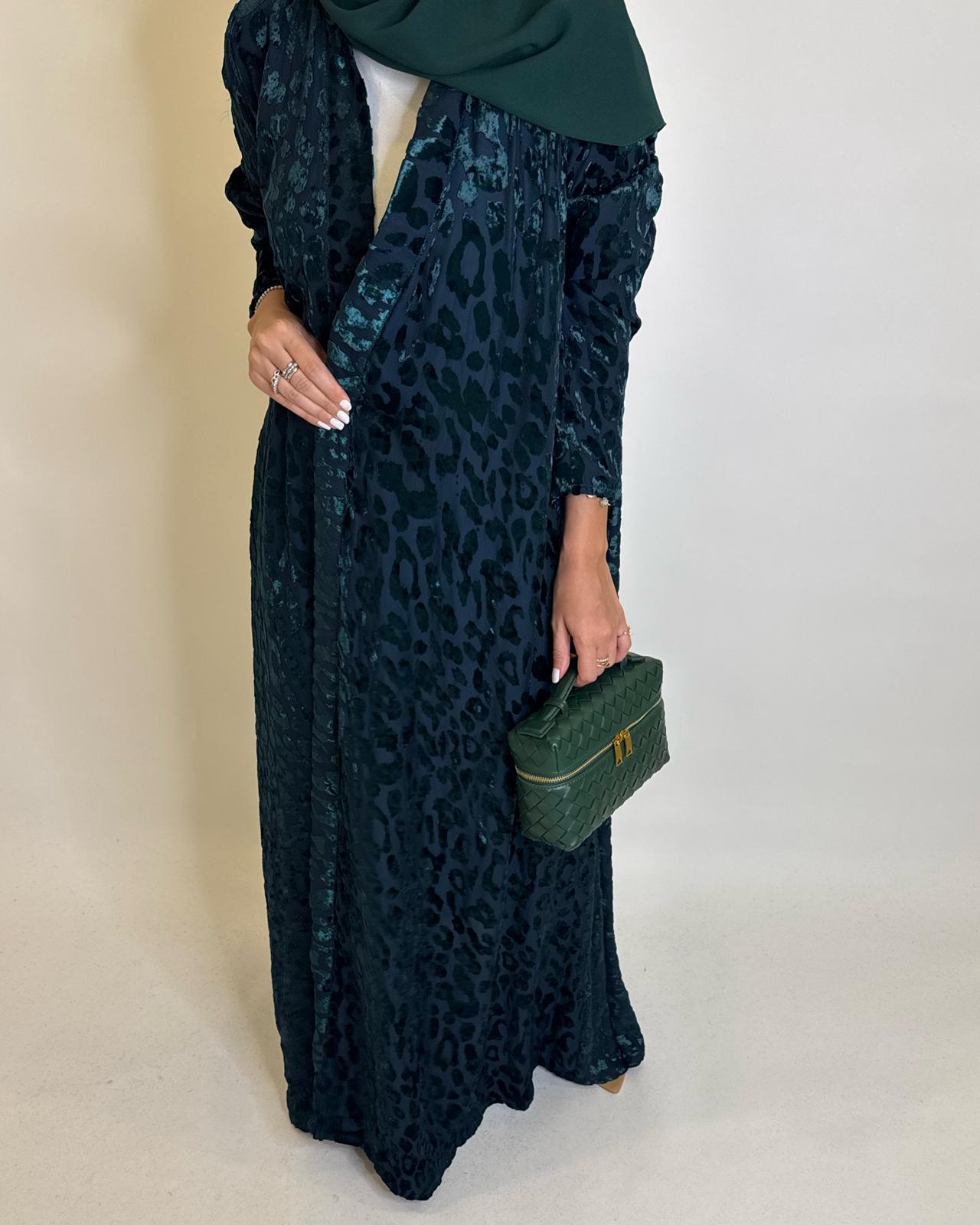 A489 - Navy Blue & Green Leopard Pattern Velvet Abaya