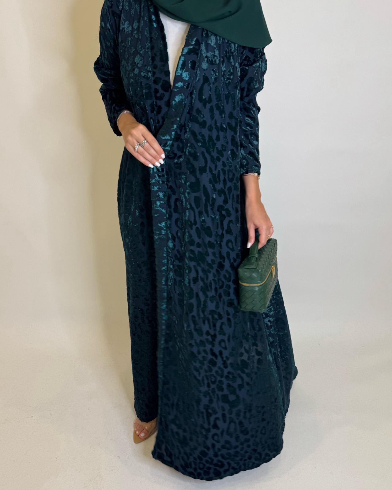 A489 - Navy Blue & Green Leopard Pattern Velvet Abaya