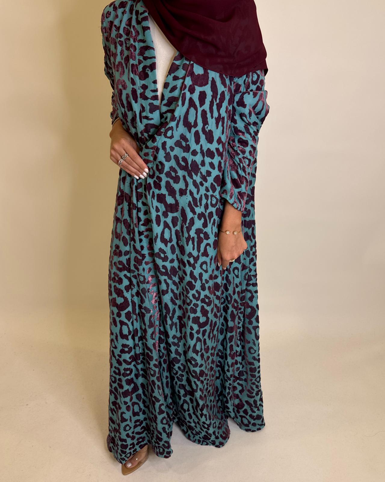 A484 - Blue & Purple Leopard Pattern Velvet Abaya