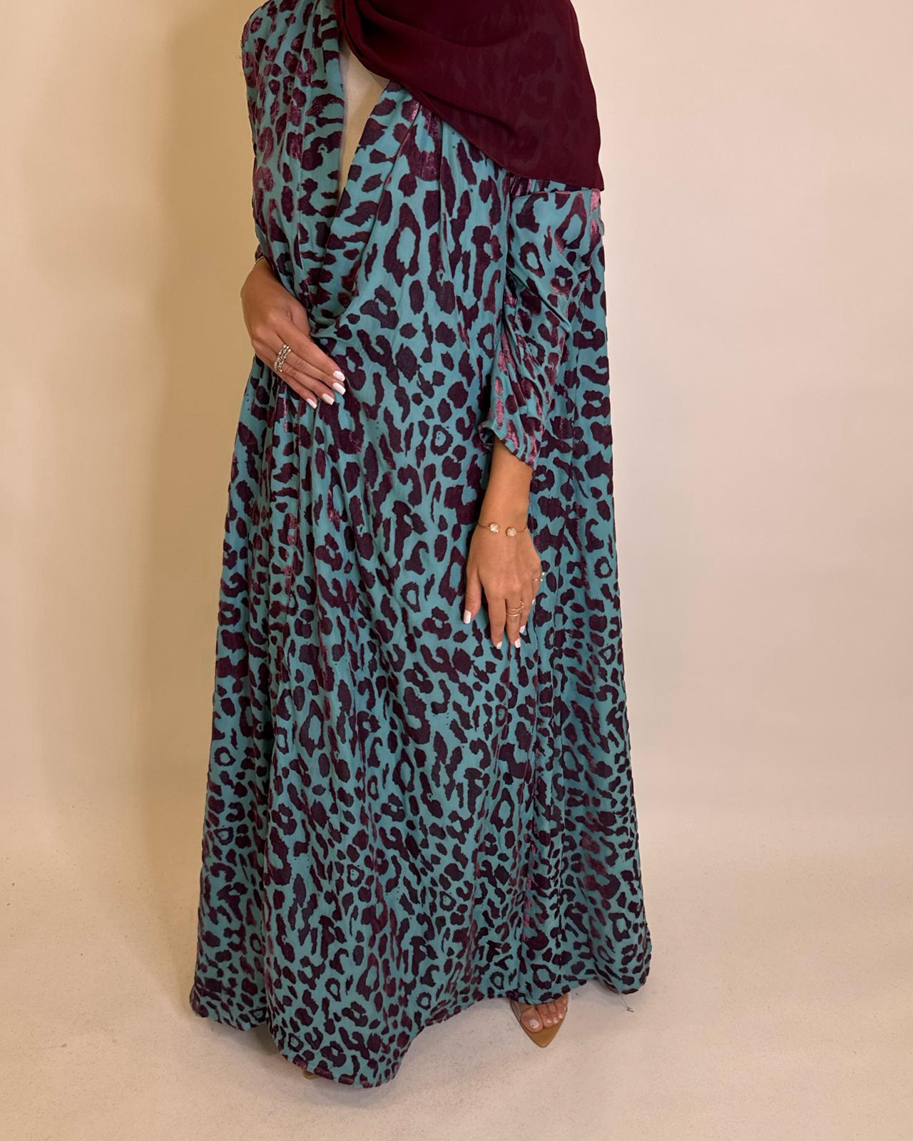 A484 - Blue & Purple Leopard Pattern Velvet Abaya