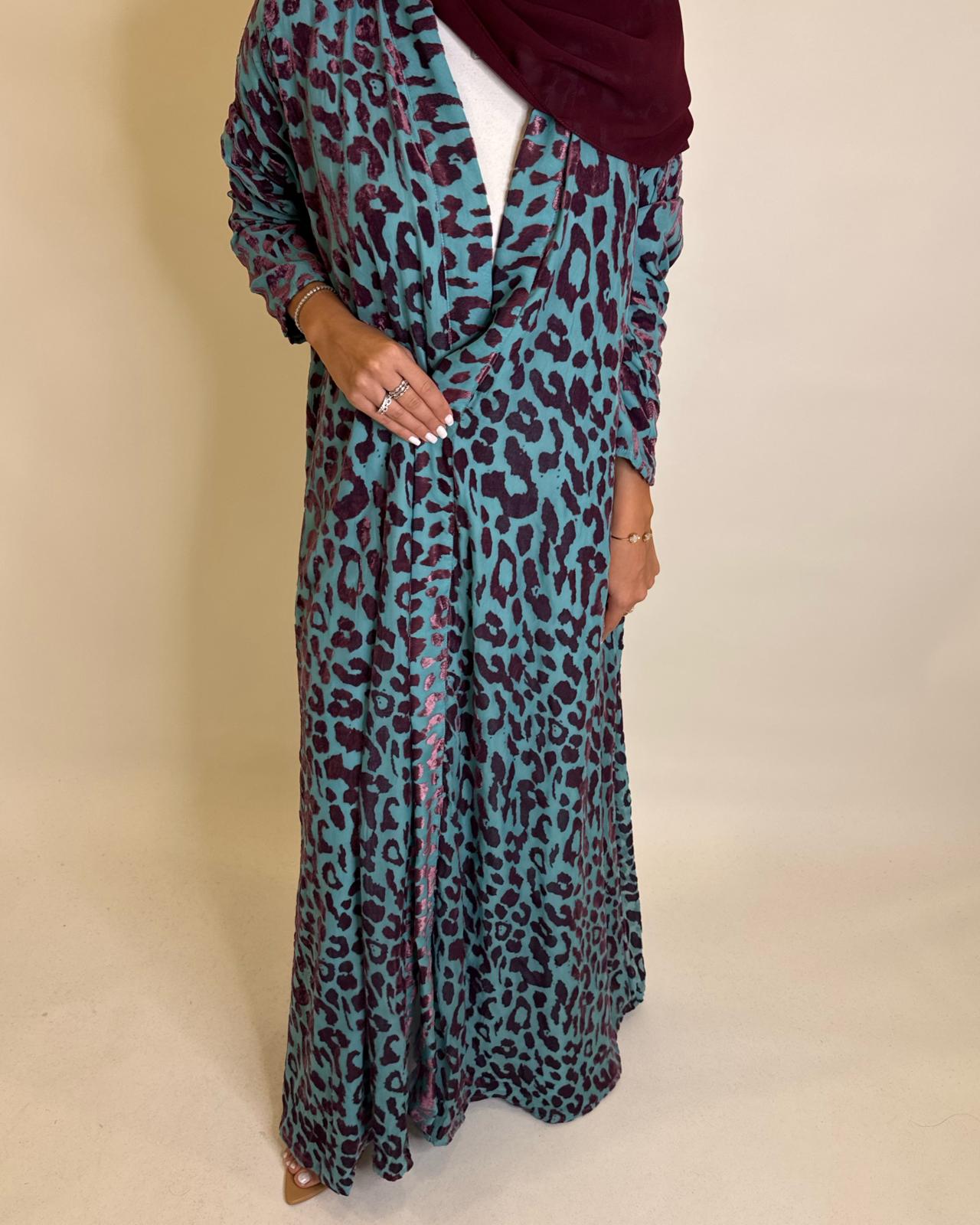 A484 - Blue & Purple Leopard Pattern Velvet Abaya