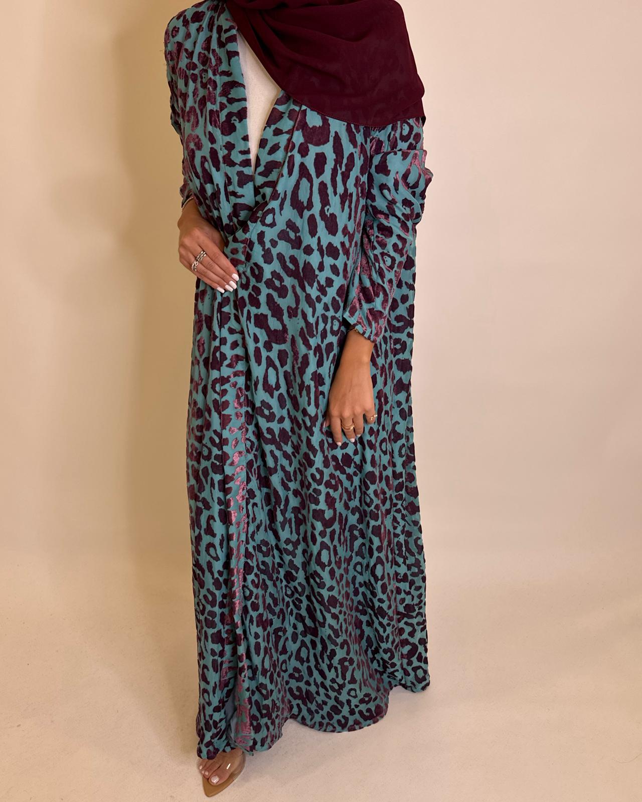 A484 - Blue & Purple Leopard Pattern Velvet Abaya