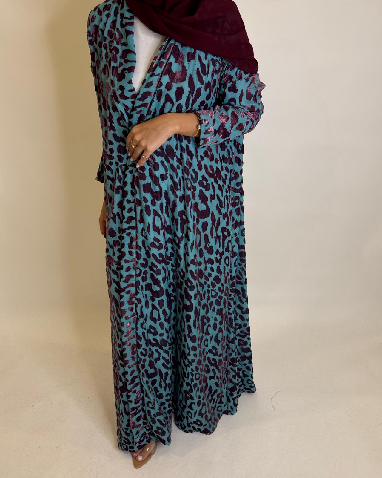 A484 - Blue & Purple Leopard Pattern Velvet Abaya