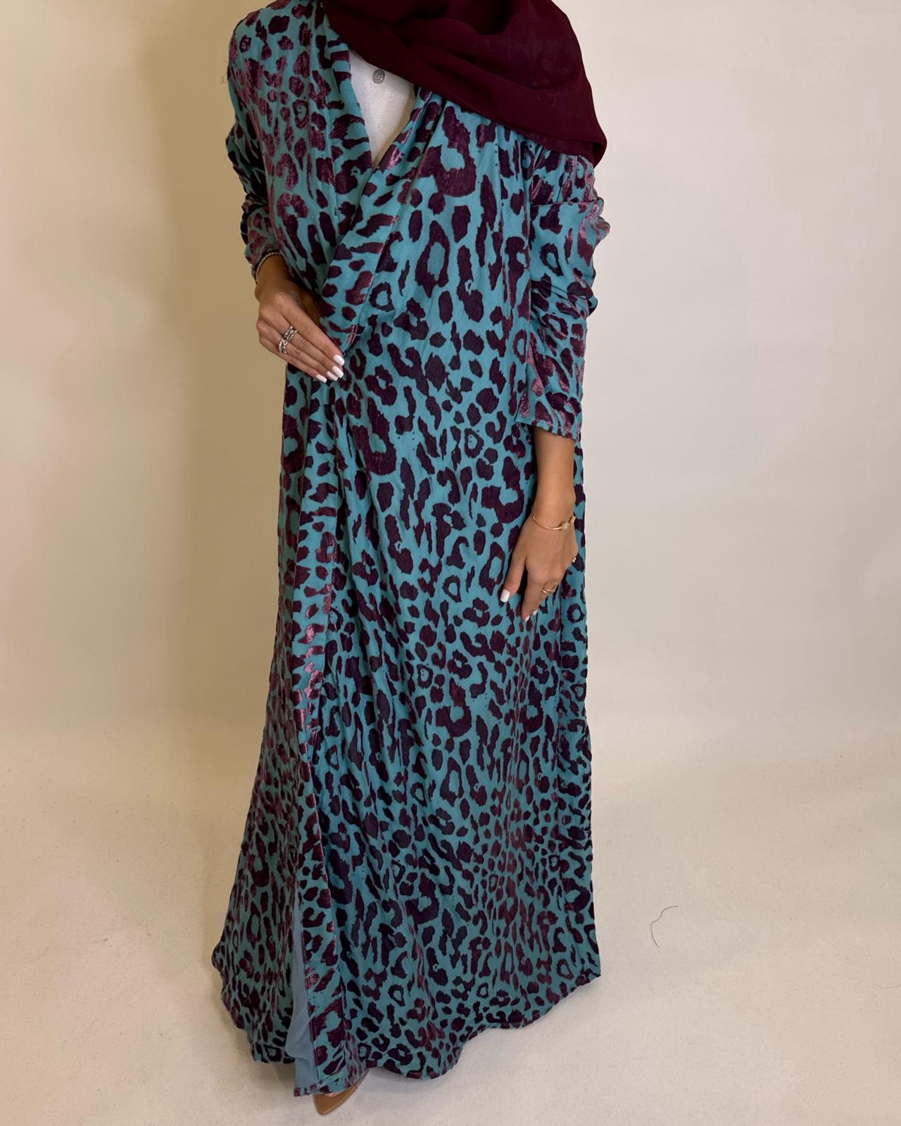 A484 - Blue & Purple Leopard Pattern Velvet Abaya