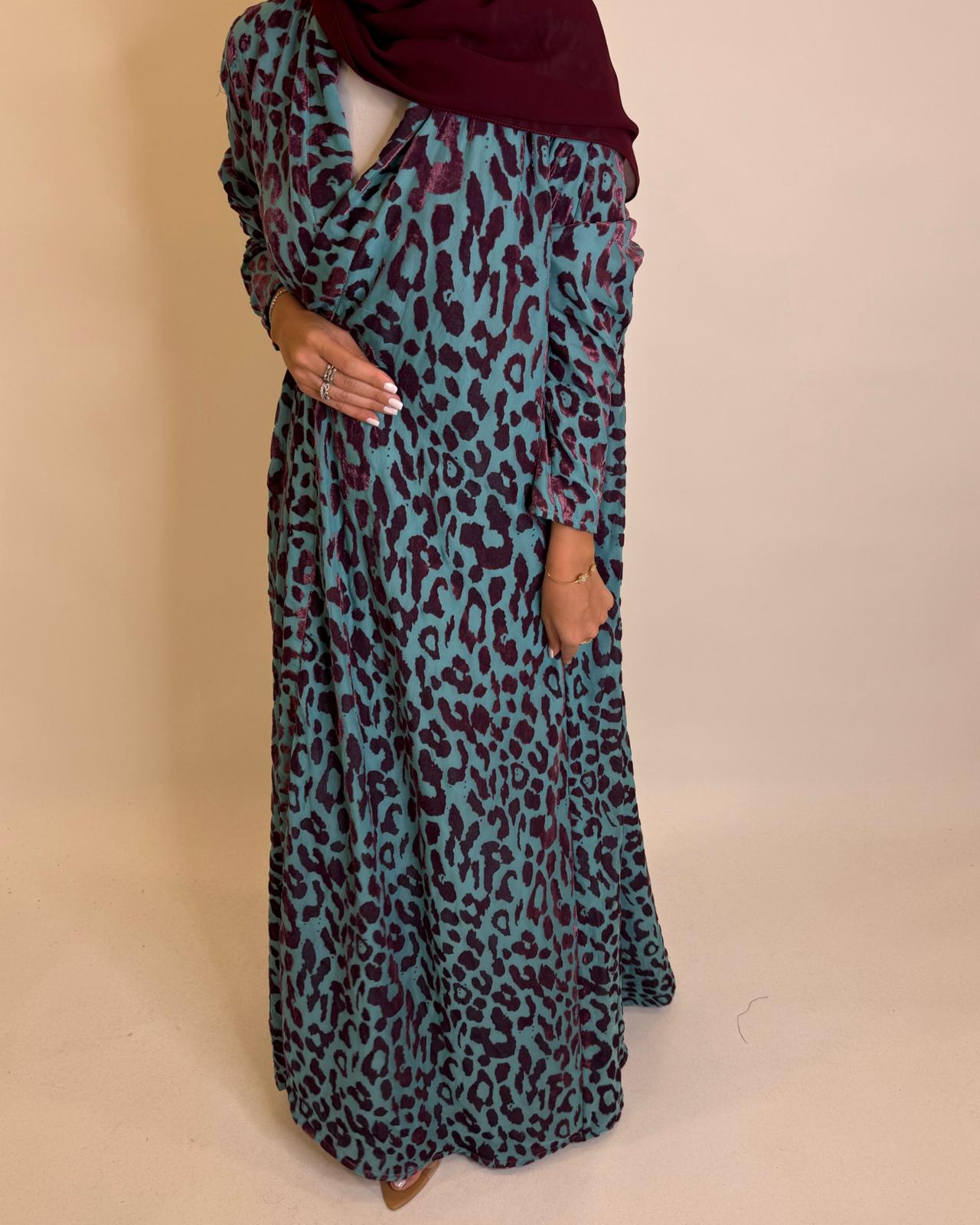 A484 - Blue & Purple Leopard Pattern Velvet Abaya