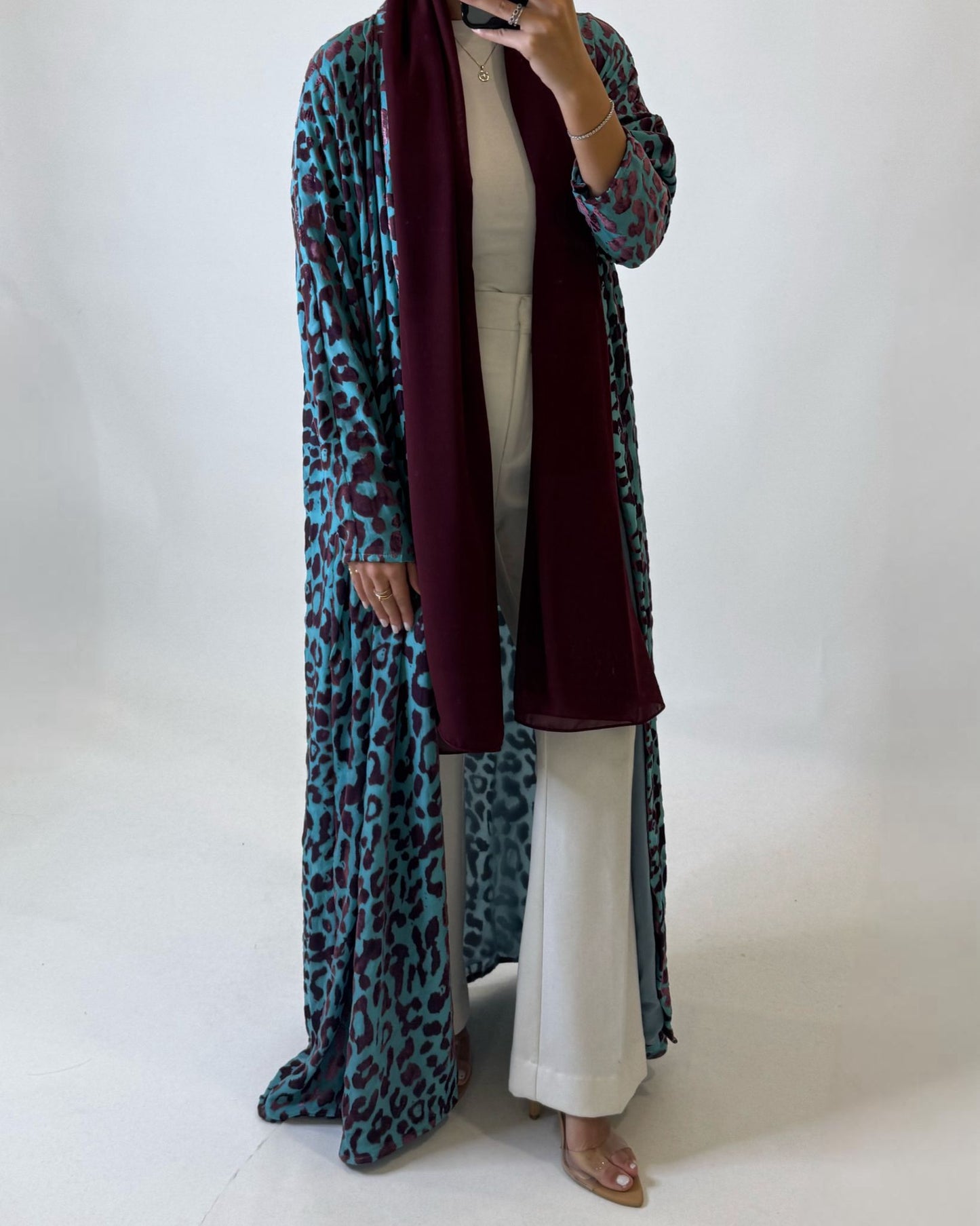 A484 - Blue & Purple Leopard Pattern Velvet Abaya