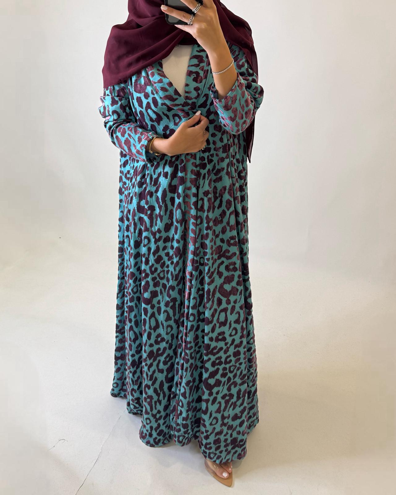 A484 - Blue & Purple Leopard Pattern Velvet Abaya