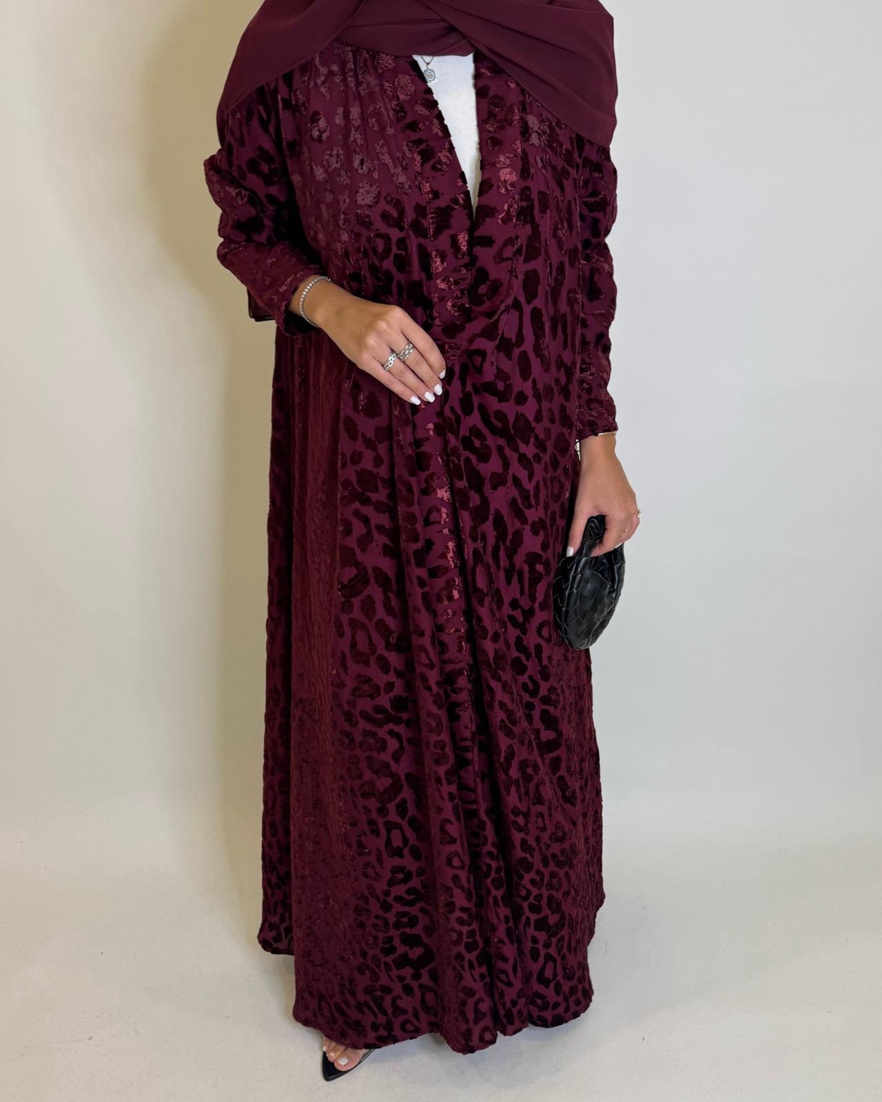 A487 - Maroon Leopard Pattern Velvet Abaya