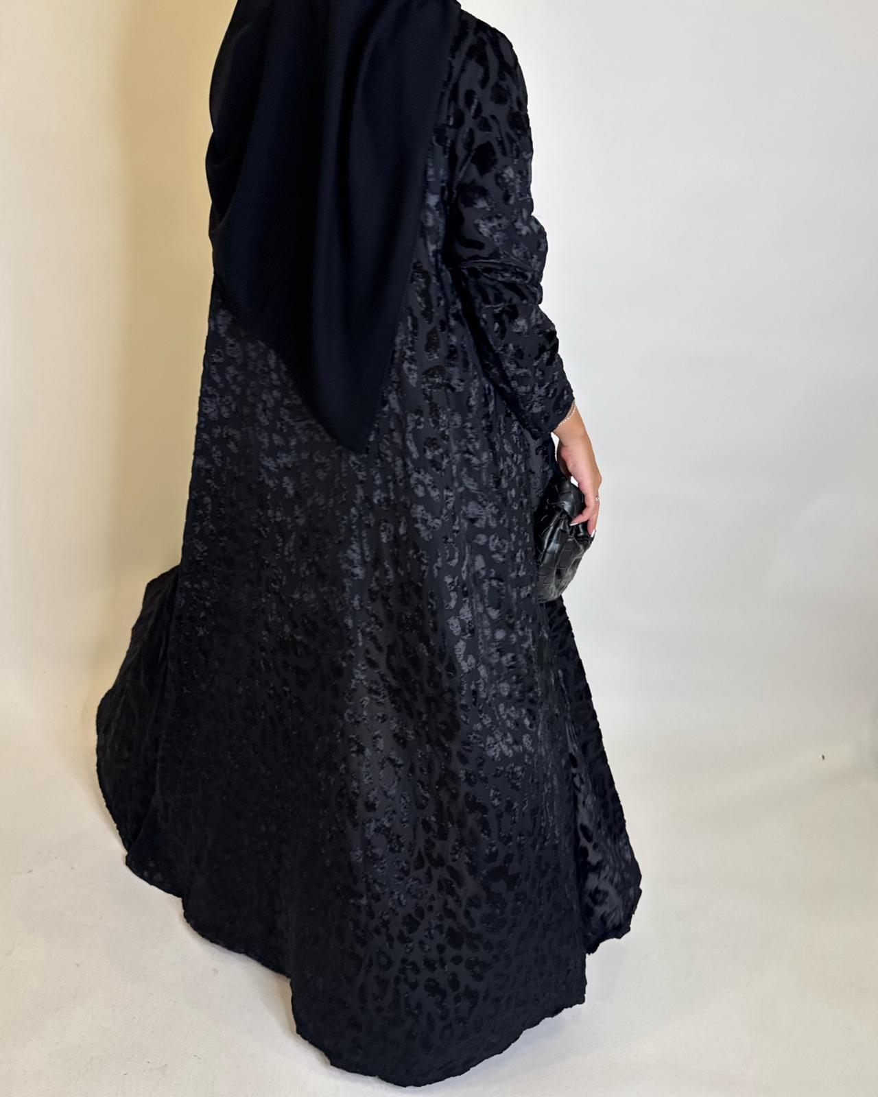 A488 - Black Leopard Pattern Velvet Abaya