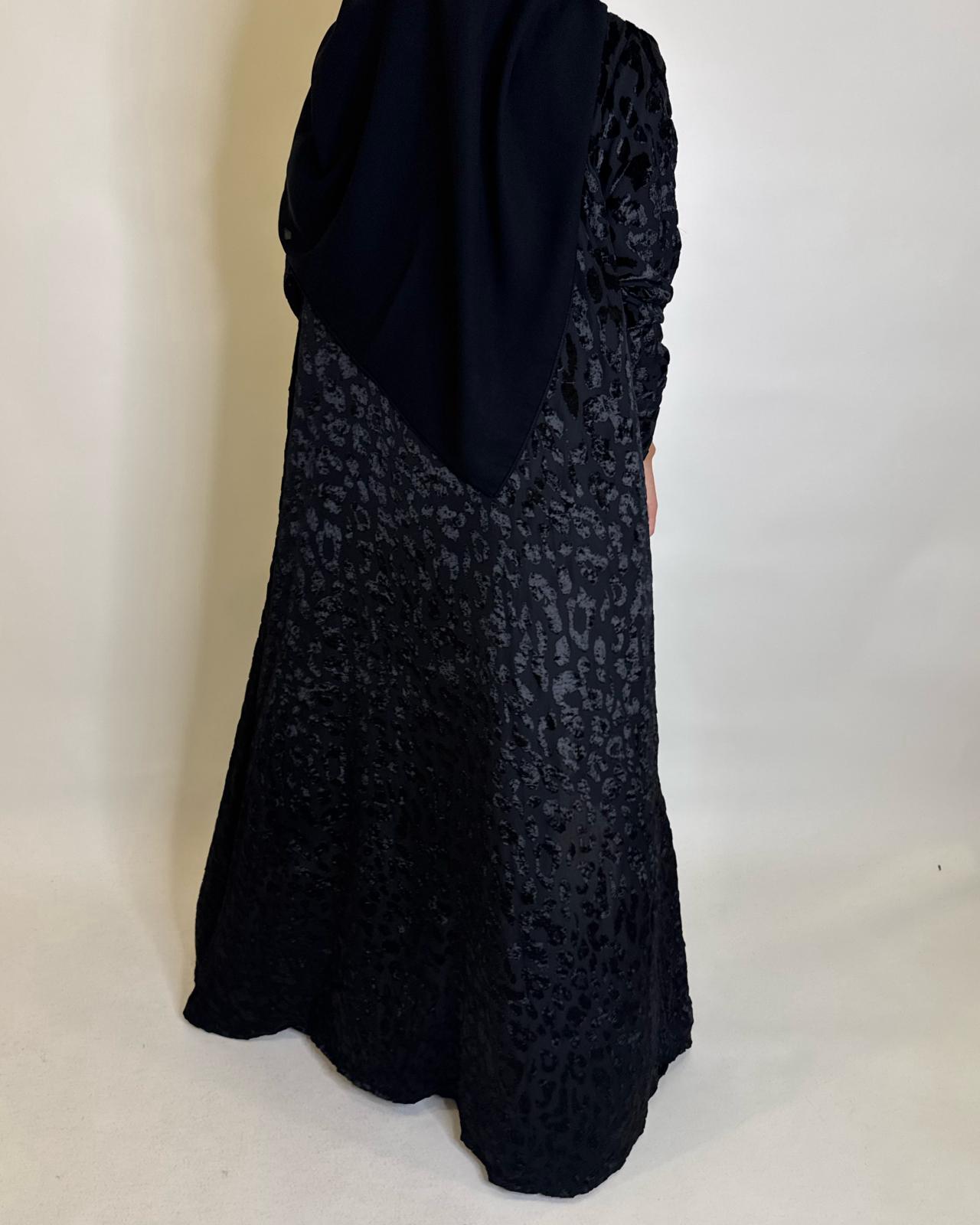 A488 - Black Leopard Pattern Velvet Abaya