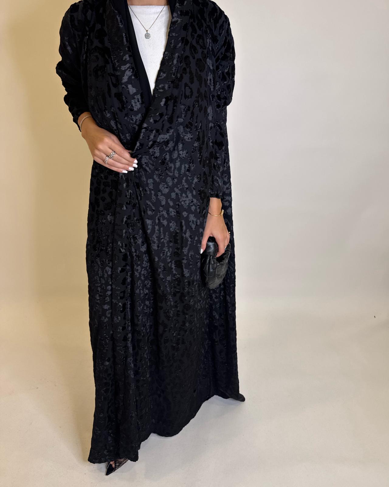 A488 - Black Leopard Pattern Velvet Abaya