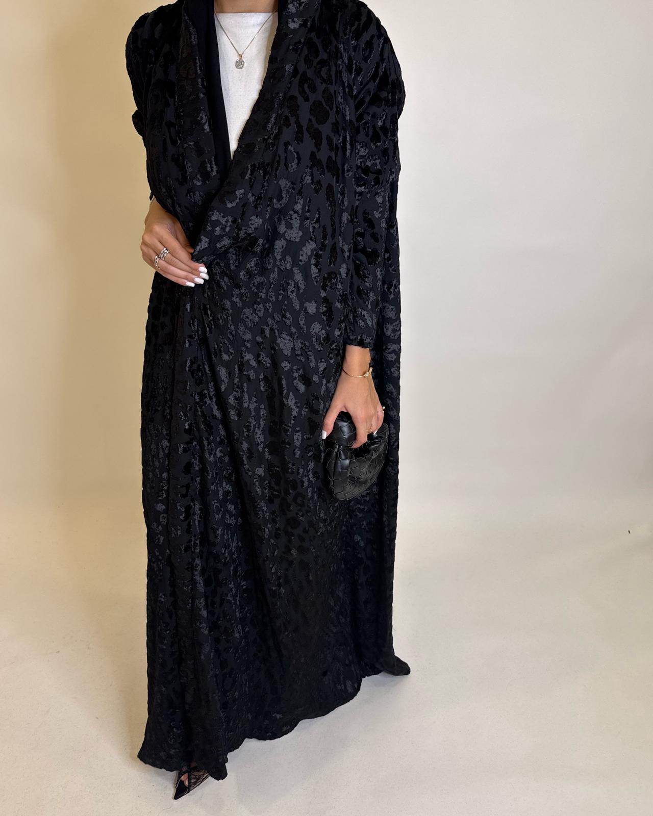 A488 - Black Leopard Pattern Velvet Abaya