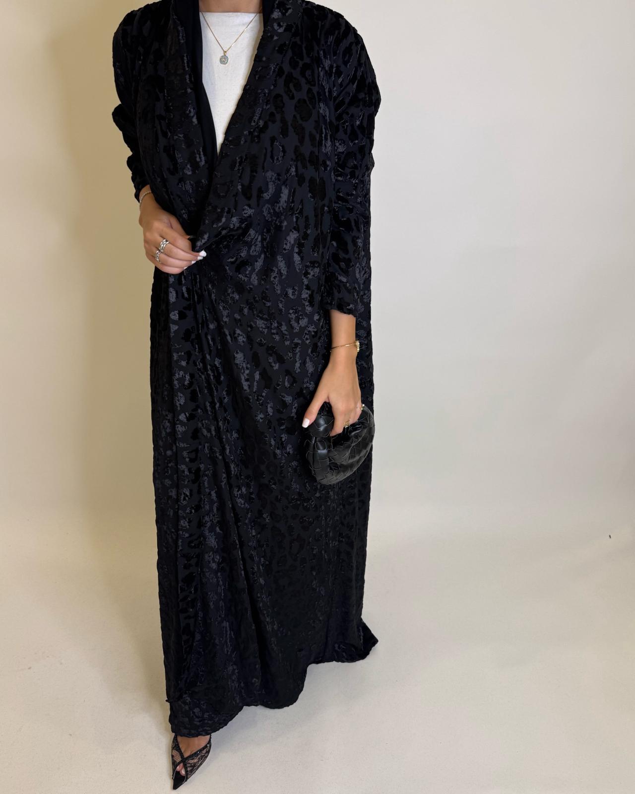 A488 - Black Leopard Pattern Velvet Abaya