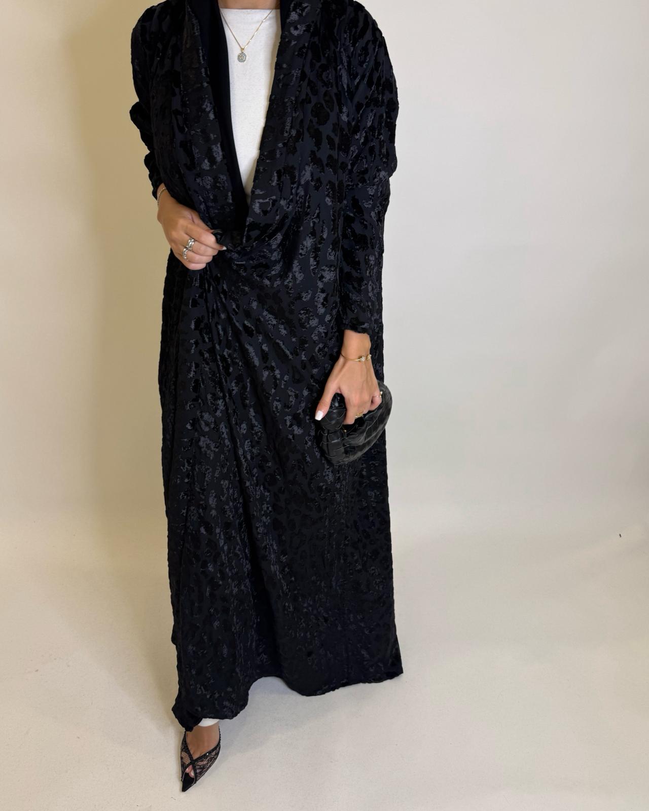 A488 - Black Leopard Pattern Velvet Abaya