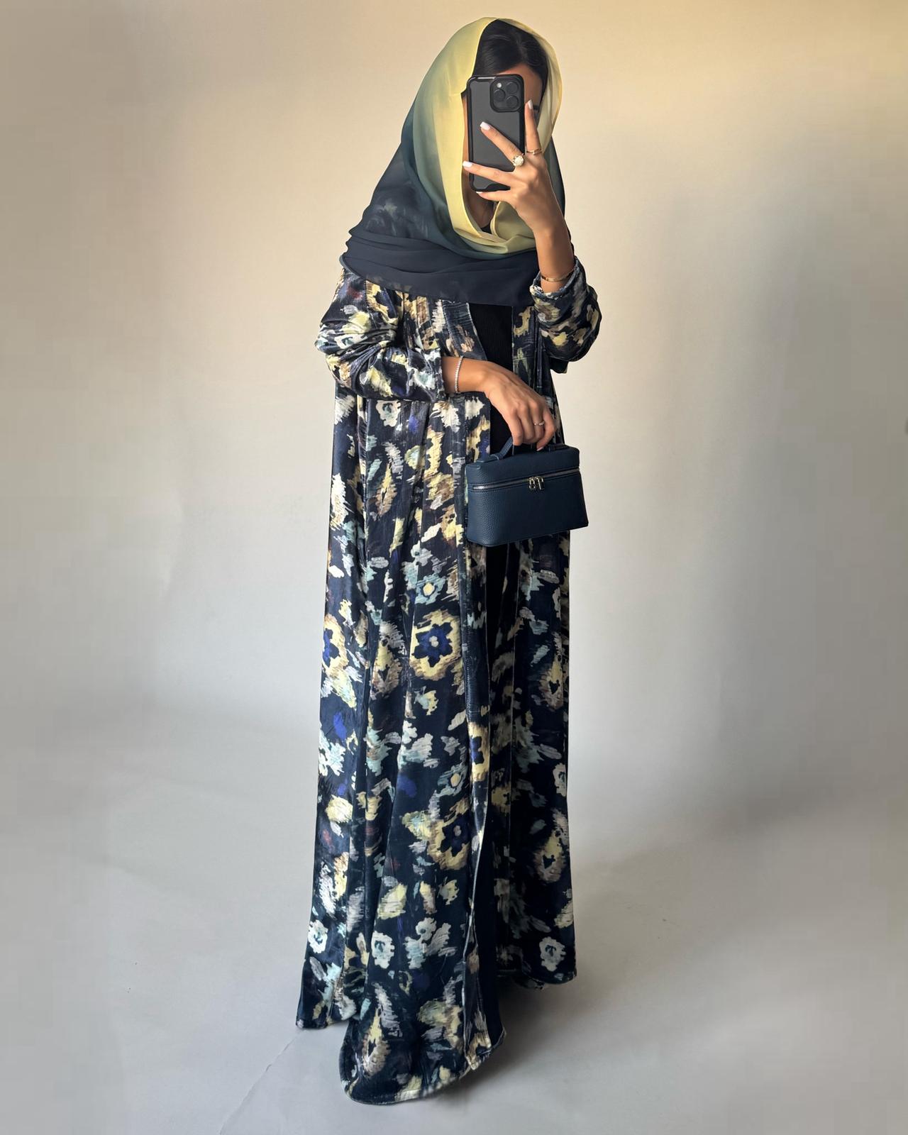 A491 - Blue Pattern Velvet Abaya & Ombre Head Scarf