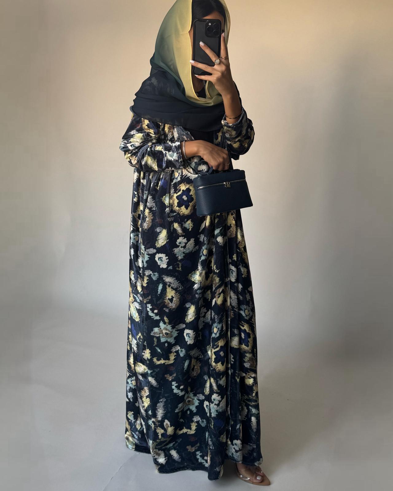 A491 - Blue Pattern Velvet Abaya & Ombre Head Scarf