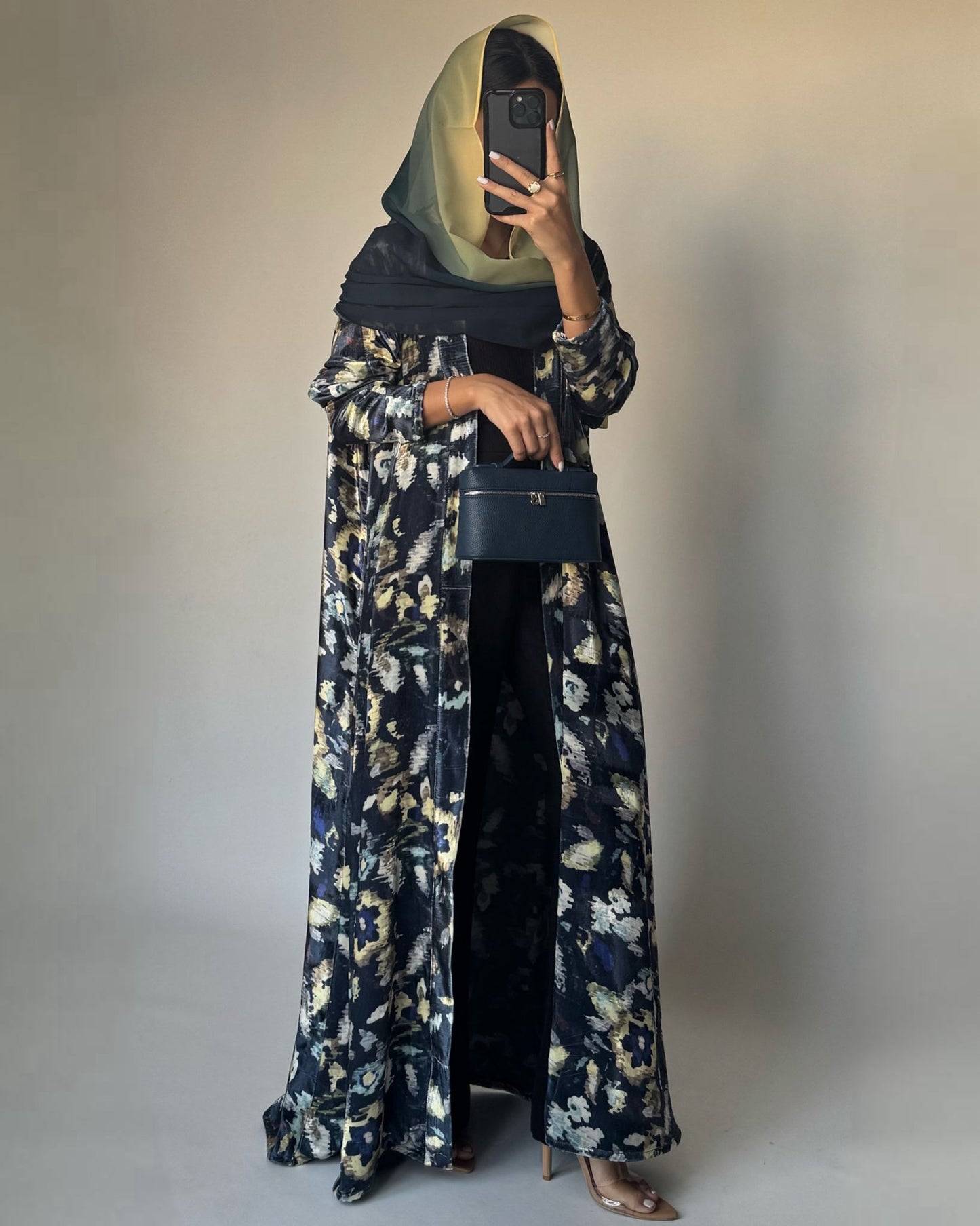 A491 - Blue Pattern Velvet Abaya & Ombre Head Scarf
