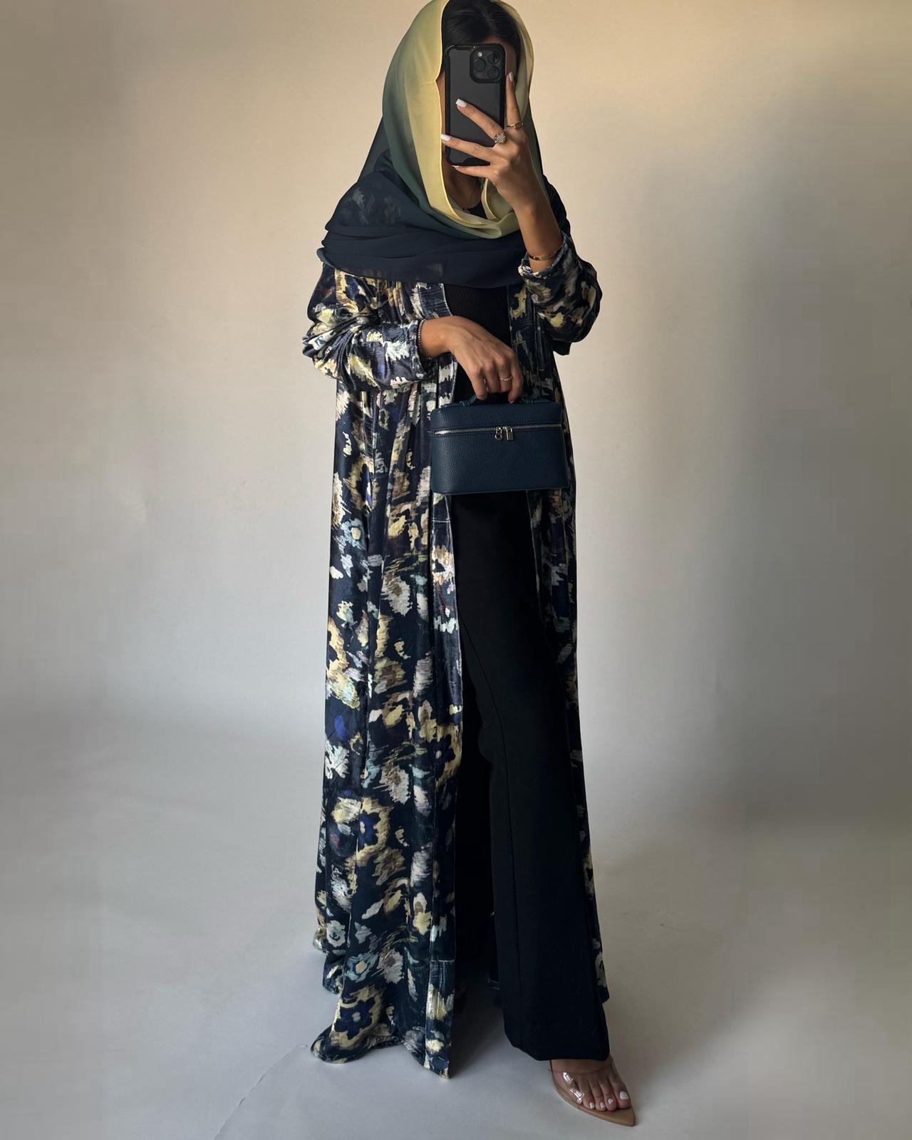 A491 - Blue Pattern Velvet Abaya & Ombre Head Scarf