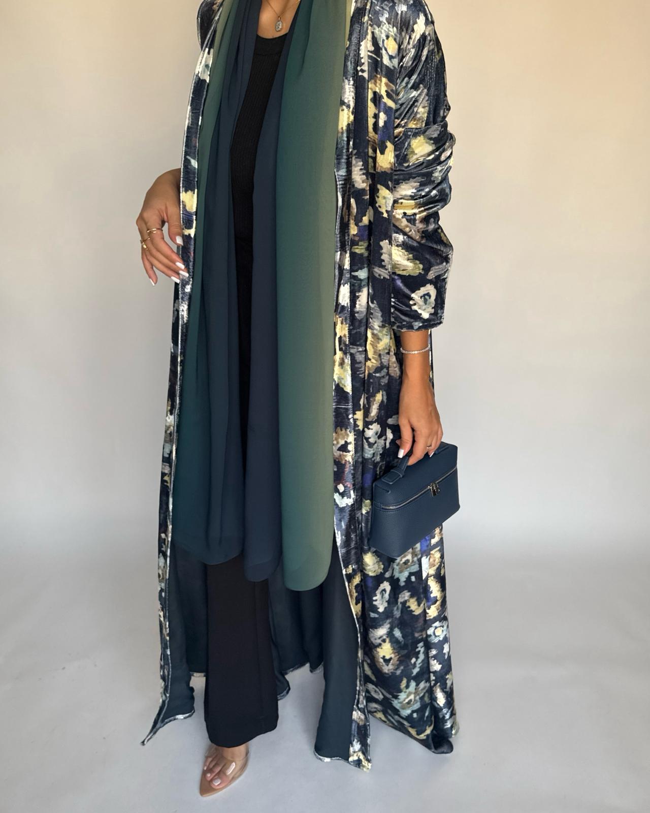 A491 - Blue Pattern Velvet Abaya & Ombre Head Scarf