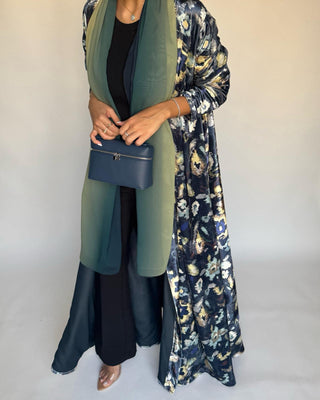 A49 - Blue Pattern Velvet Abaya & Ombre Head Scarf