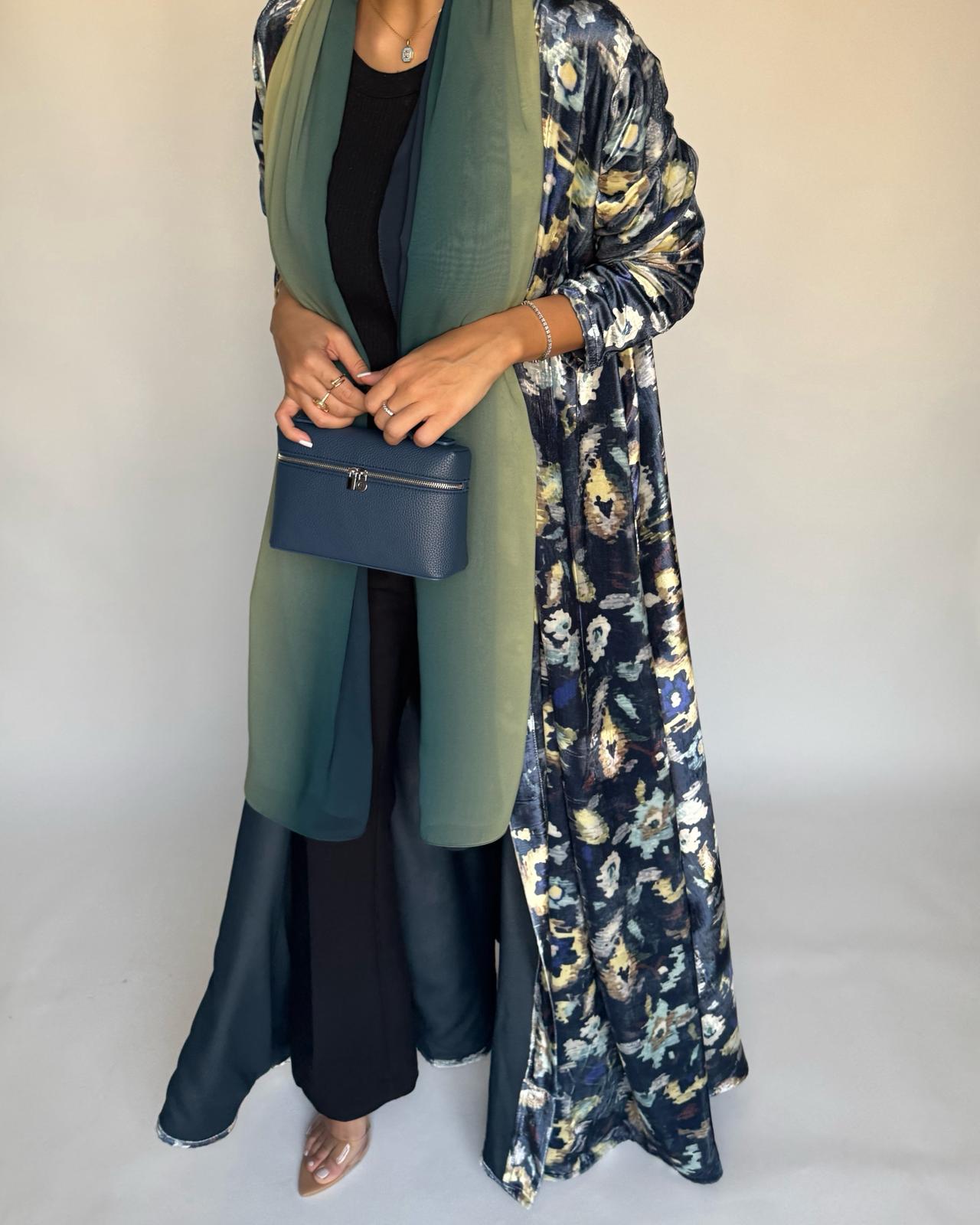 A491 - Blue Pattern Velvet Abaya & Ombre Head Scarf