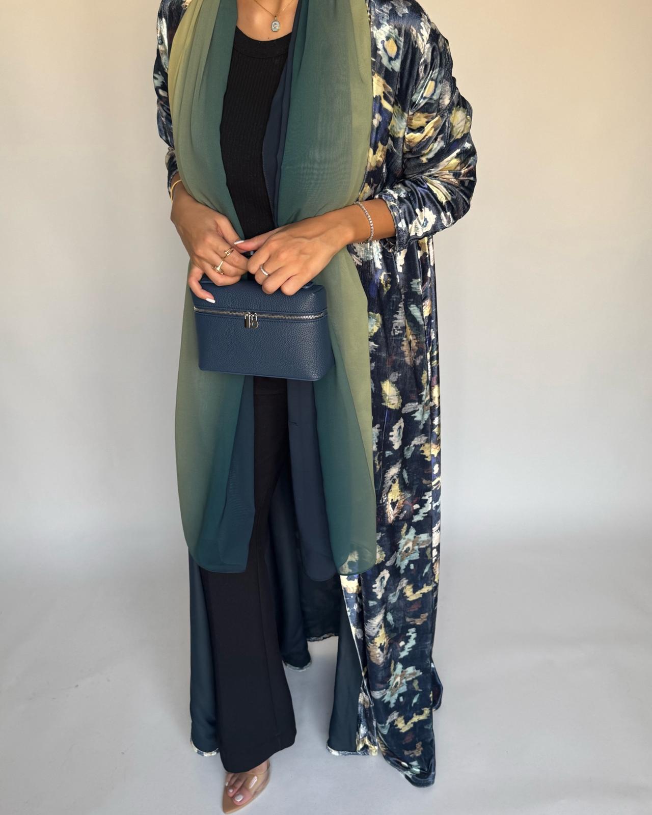 A491 - Blue Pattern Velvet Abaya & Ombre Head Scarf