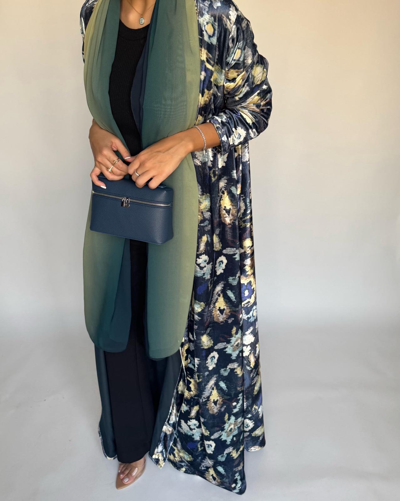 A491 - Blue Pattern Velvet Abaya & Ombre Head Scarf