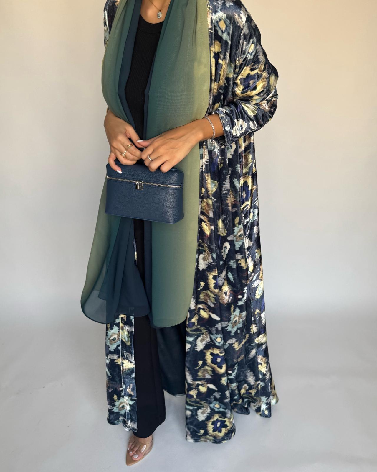 A491 - Blue Pattern Velvet Abaya & Ombre Head Scarf